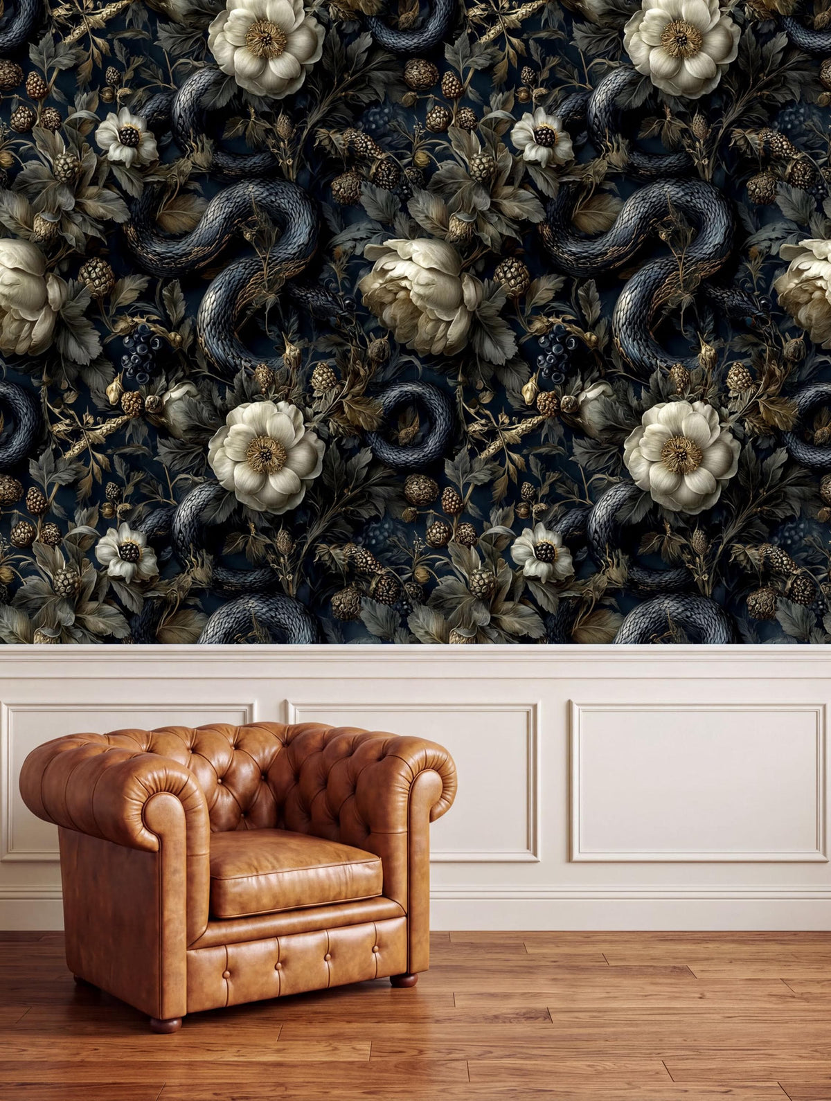 a dark, ornate wallpaper with a floral pattern and a brown leather armchair in the foreground.