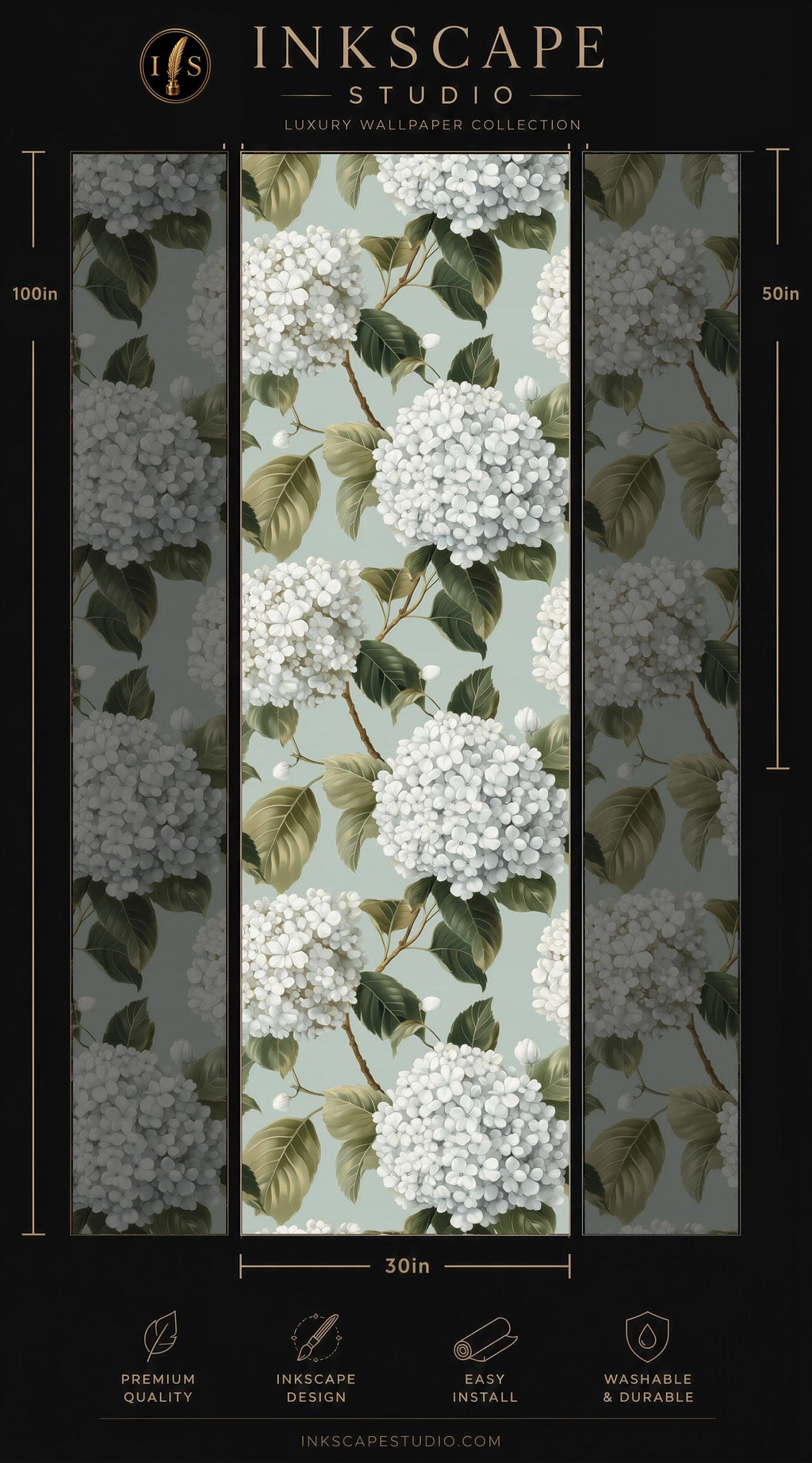 The image is a collage of three images depicting a floral pattern with white hydrangea flowers and green leaves. The images are arranged in a vertical format, with the top image being the largest and the bottom image being the smallest. The collage is titled "INKSCAPE STUDIO" and includes various descriptive text elements such as "LUXURY WALLPAPER COLLECTION", "30in", "PREMIUM QUALITY", "EASY INSTALL", and "WASBLE & DURABLE".
