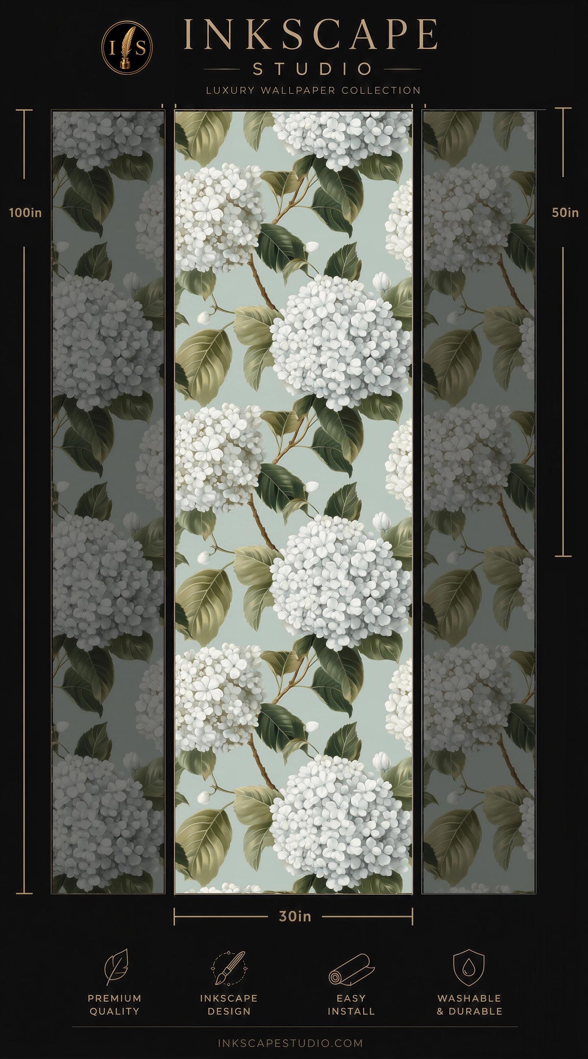 The image is a collage of three images depicting a floral pattern with white hydrangea flowers and green leaves. The images are arranged in a vertical format, with the top image being the largest and the bottom image being the smallest. The collage is titled "INKSCAPE STUDIO" and includes various descriptive text elements such as "LUXURY WALLPAPER COLLECTION", "30in", "PREMIUM QUALITY", "EASY INSTALL", and "WASBLE & DURABLE".