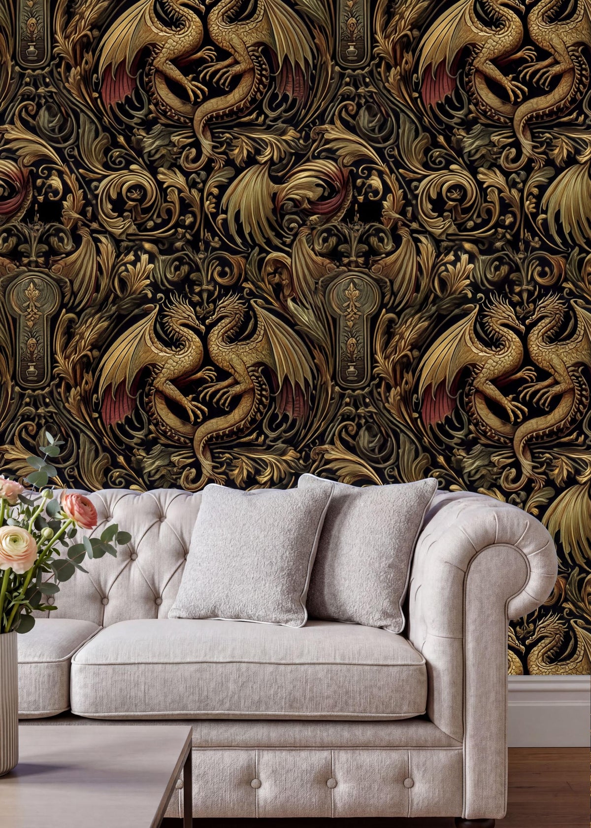 a white sofa with two pillows, positioned in front of a wall with a detailed, ornate wallpaper design.