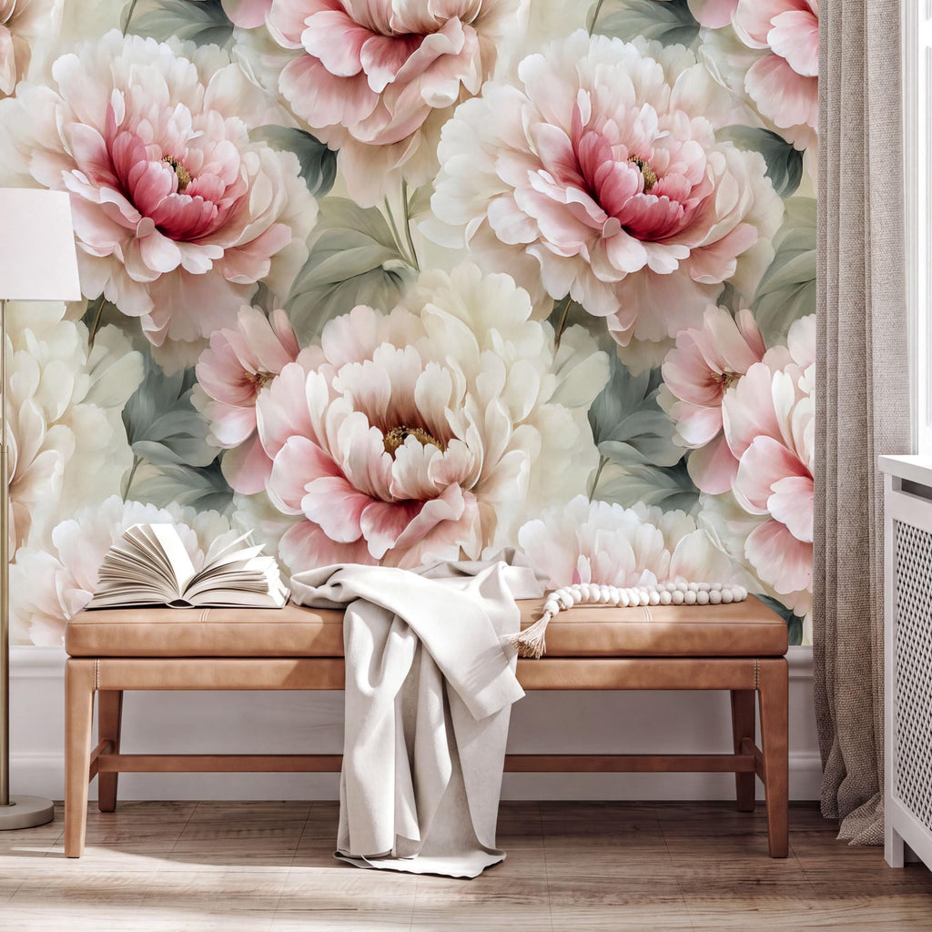 a large floral wallpaper with pink and white flowers, creating a serene and elegant atmosphere. In the foreground, there is a wooden bench with an open book and a white blanket draped over it. The overall scene conveys a sense of relaxation and tranquility.