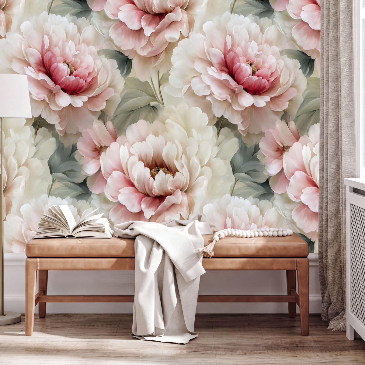 a large floral wallpaper with pink and white flowers, creating a serene and elegant atmosphere. In the foreground, there is a wooden bench with an open book and a white blanket draped over it. The overall scene conveys a sense of relaxation and tranquility.