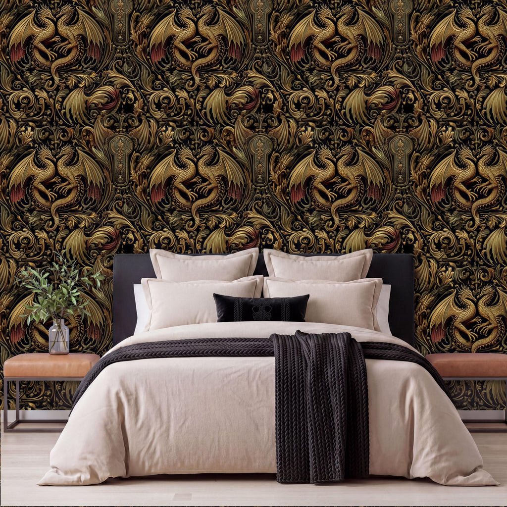 a luxurious bedroom with a large bed, dark bedding, and a black throw blanket. The bed is set against a wall with a repeating pattern of gold and black dragons, creating a striking and dramatic backdrop. The room also includes a wooden nightstand with a plant and a vase, adding a touch of nature and elegance to the space.
