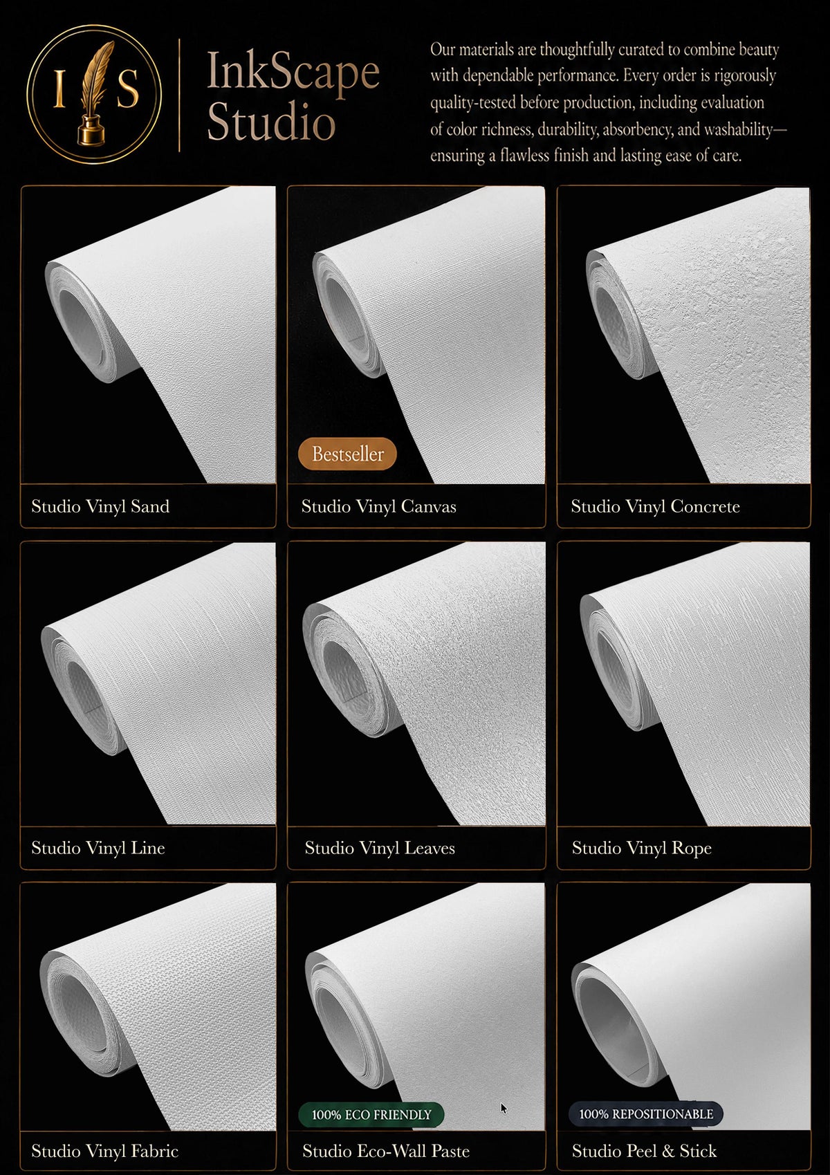 a variety of white paper products, including studio vinyl, canvas, concrete, line, leaves, rope, and fabric, arranged in a grid-like pattern.