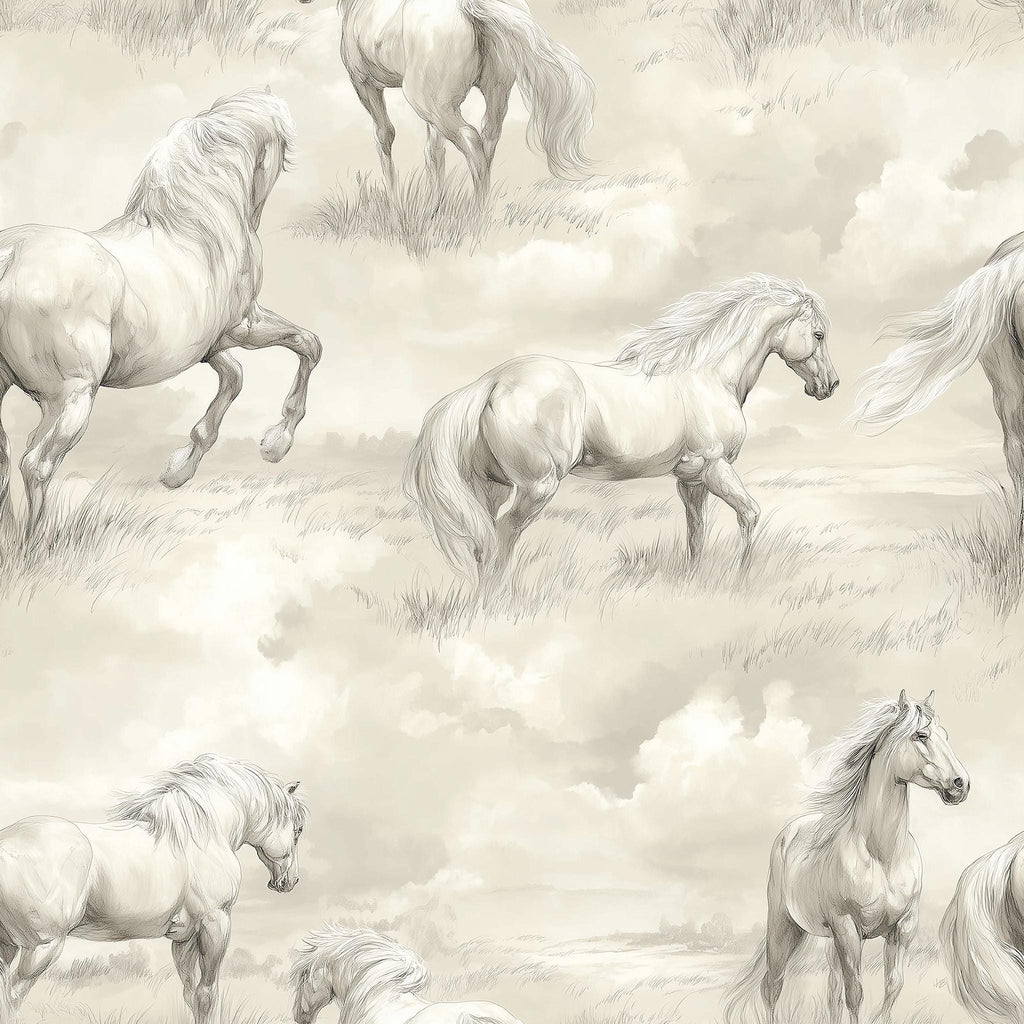 The image is a repeating pattern of various horses in different poses, such as running, standing, and walking, set against a cloudy sky background.