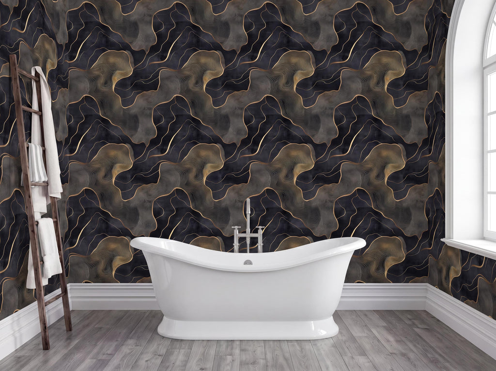 a luxurious bathroom with a freestanding bathtub, dark and gold wallpaper, and a wooden ladder.