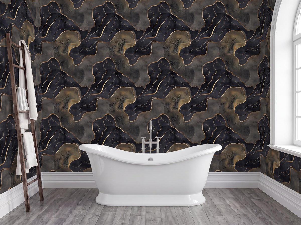 a luxurious bathroom with a freestanding bathtub, dark and gold wallpaper, and a wooden ladder.