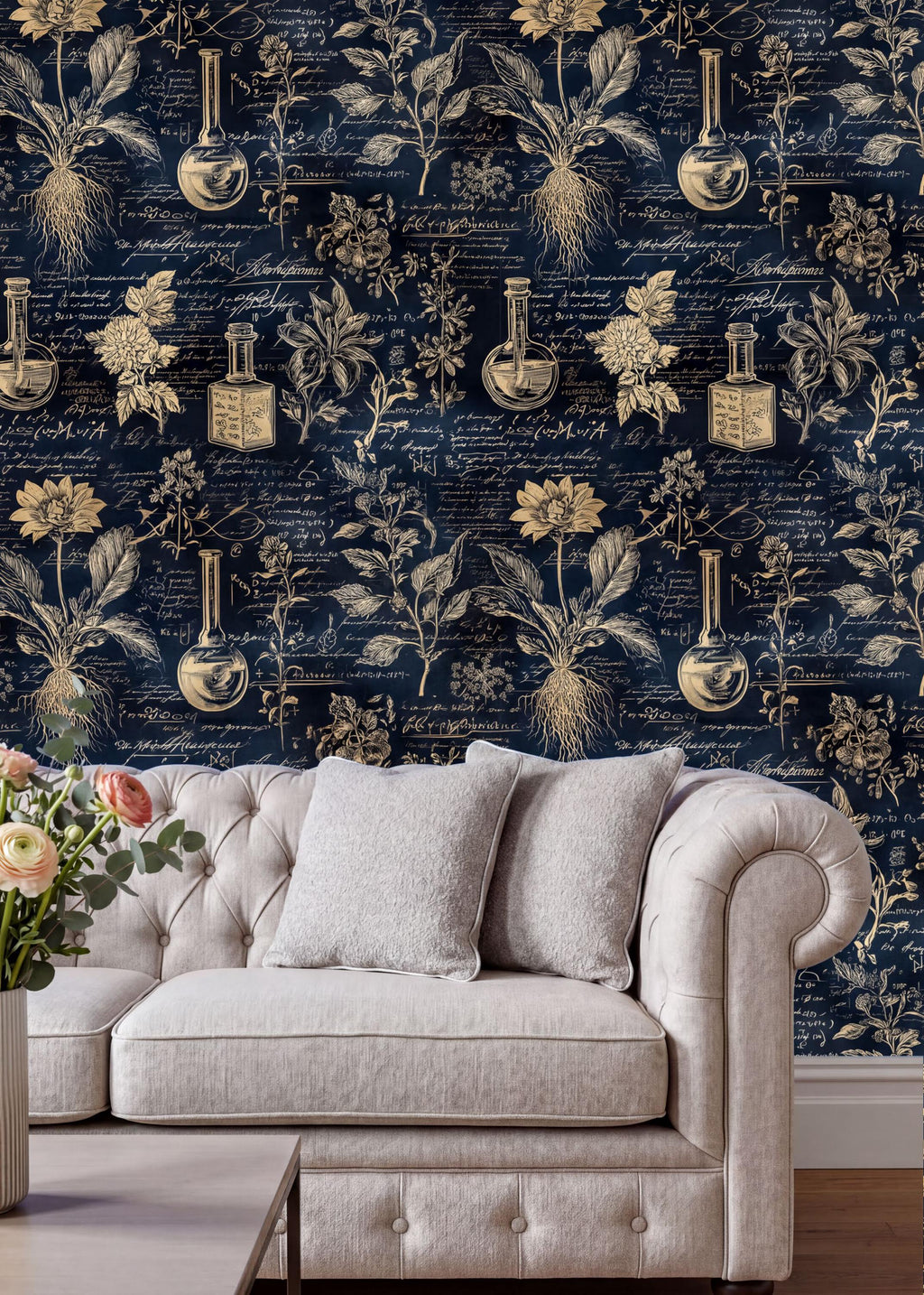 a living room with a white tufted sofa and a wooden coffee table. The wall behind the sofa is covered in a dark blue wallpaper with gold illustrations of plants, flowers, and laboratory equipment.