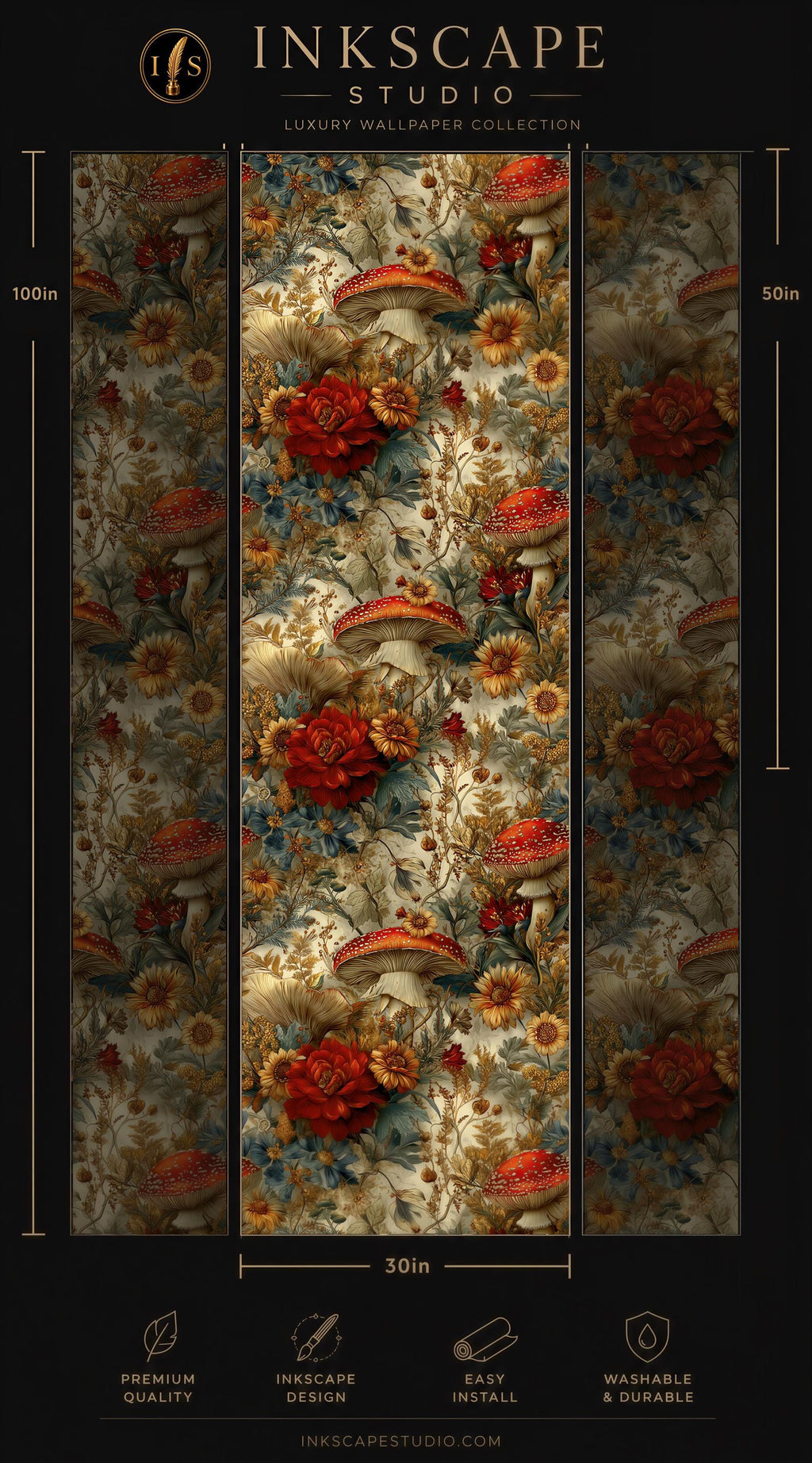 The image is a collage of three images featuring a floral pattern with mushrooms and red flowers. The images are arranged in a vertical format, with the largest image at the bottom and the smallest at the top. The collage is titled "INScape Studio" and includes various descriptive text elements such as "Premium quality", "Easy to install", and "Washable & durable".