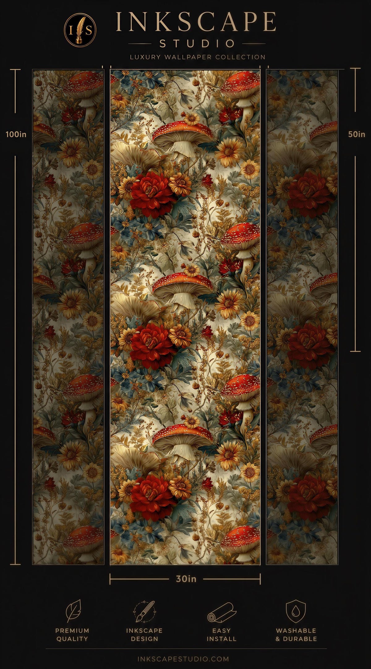 The image is a collage of three images featuring a floral pattern with mushrooms and red flowers. The images are arranged in a vertical format, with the largest image at the bottom and the smallest at the top. The collage is titled "INScape Studio" and includes various descriptive text elements such as "Premium quality", "Easy to install", and "Washable & durable".