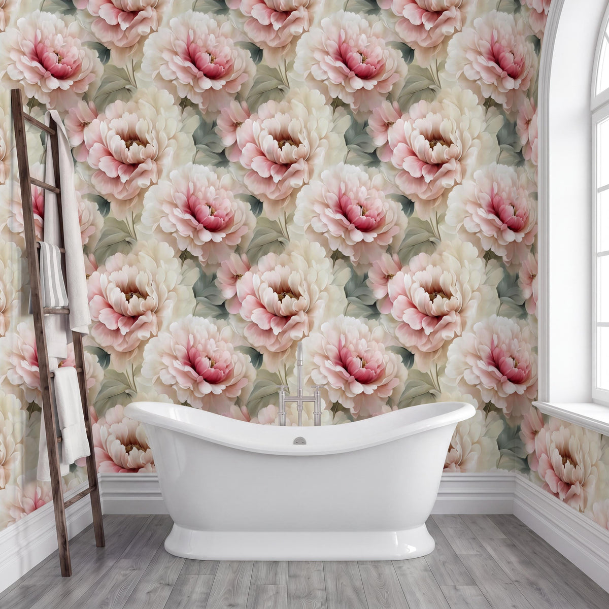 a bathroom with a white clawfoot bathtub in the center, surrounded by a floral wallpaper with pink and white flowers. A wooden ladder is leaning against the wall next to the bathtub.