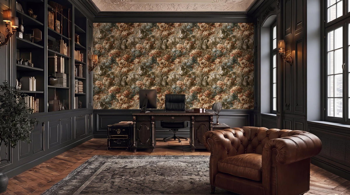 a luxurious and well-appointed home office with a large, ornate wallpaper covering the wall behind a desk and a comfortable leather armchair.