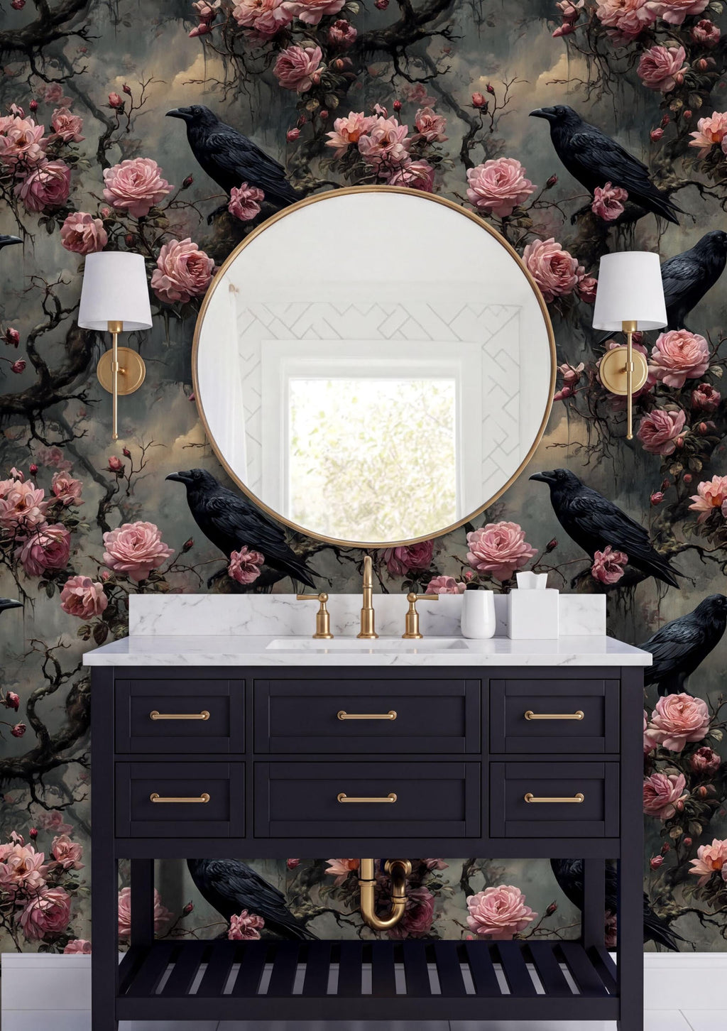 a bathroom vanity with a black cabinet, a round mirror, and two white lamps. The wall behind the vanity is covered in a floral wallpaper with black crows and pink flowers.