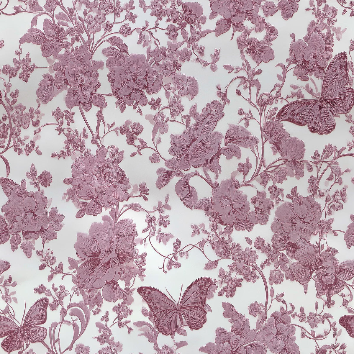 a repeating pattern of pink flowers and butterflies against a white background.
