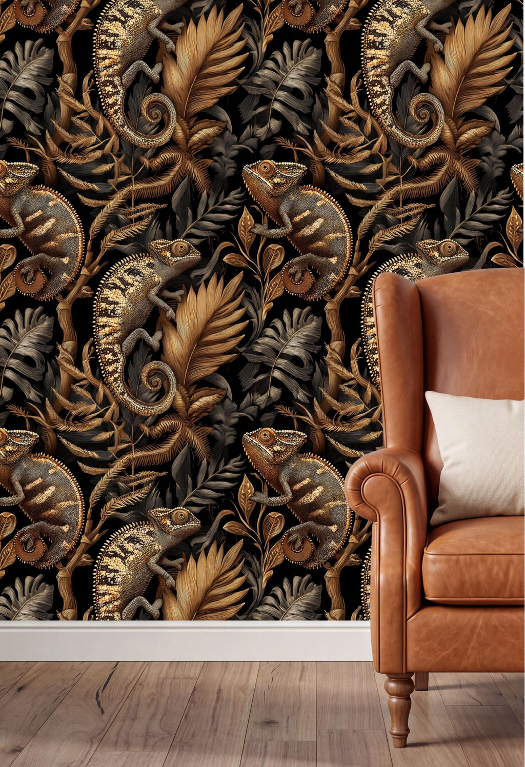 a wallpapered wall with a repeating pattern of chameleons and other tropical foliage, creating a lush and vibrant jungle-like atmosphere. In the foreground, there is a brown leather armchair with a white pillow, providing a cozy and inviting setting.