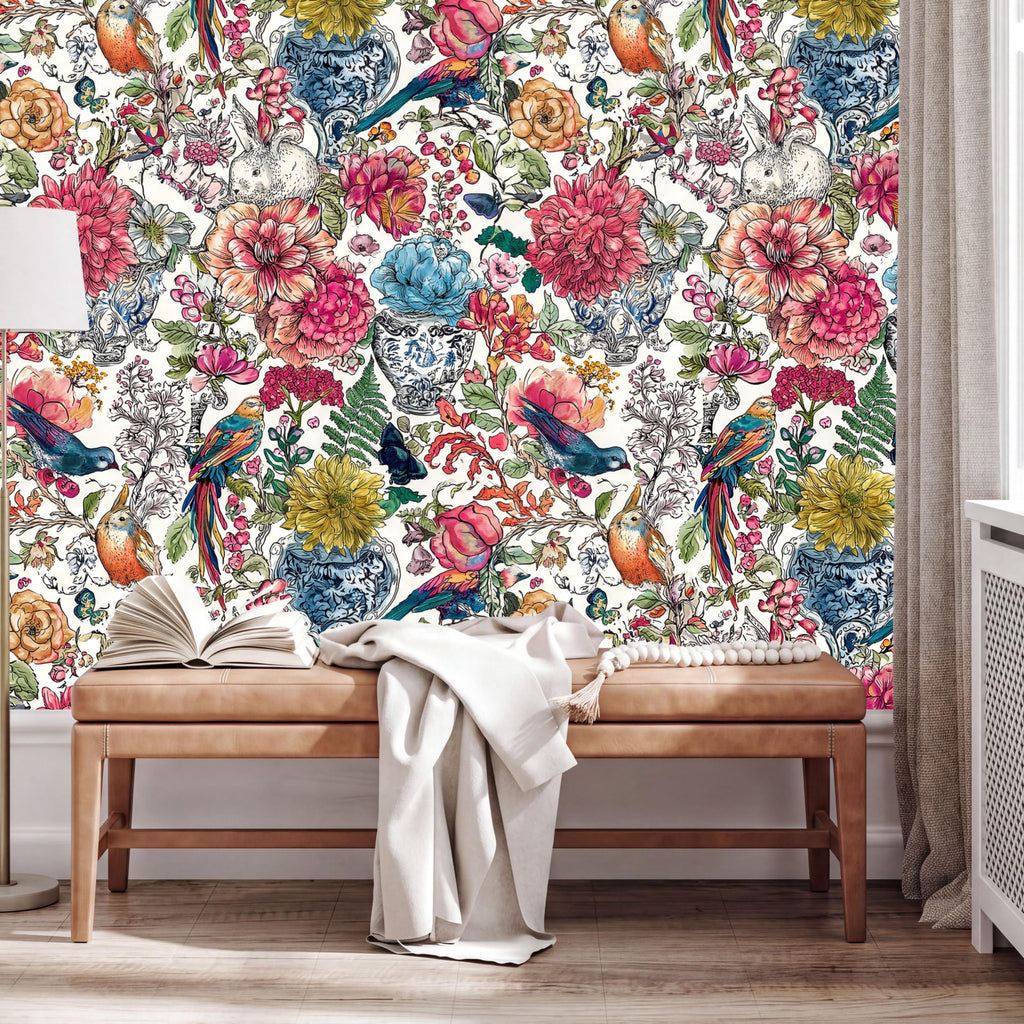 a vibrant and colorful floral wallpaper with various flowers, birds, and other elements. In the foreground, there is a wooden bench with an open book and a white blanket draped over it.