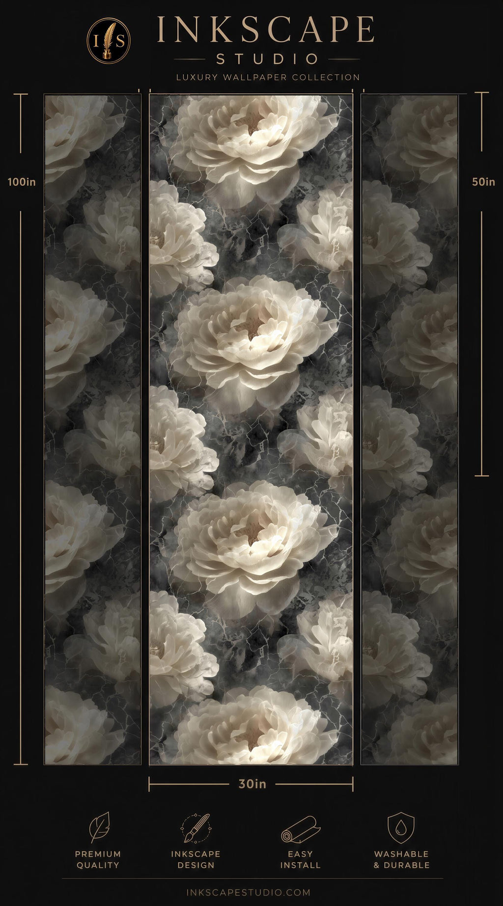 The image is a collage of three vertical panels, each featuring a close-up of white peonies against a dark background. The panels are arranged in a grid-like pattern, creating a visually striking and elegant design.