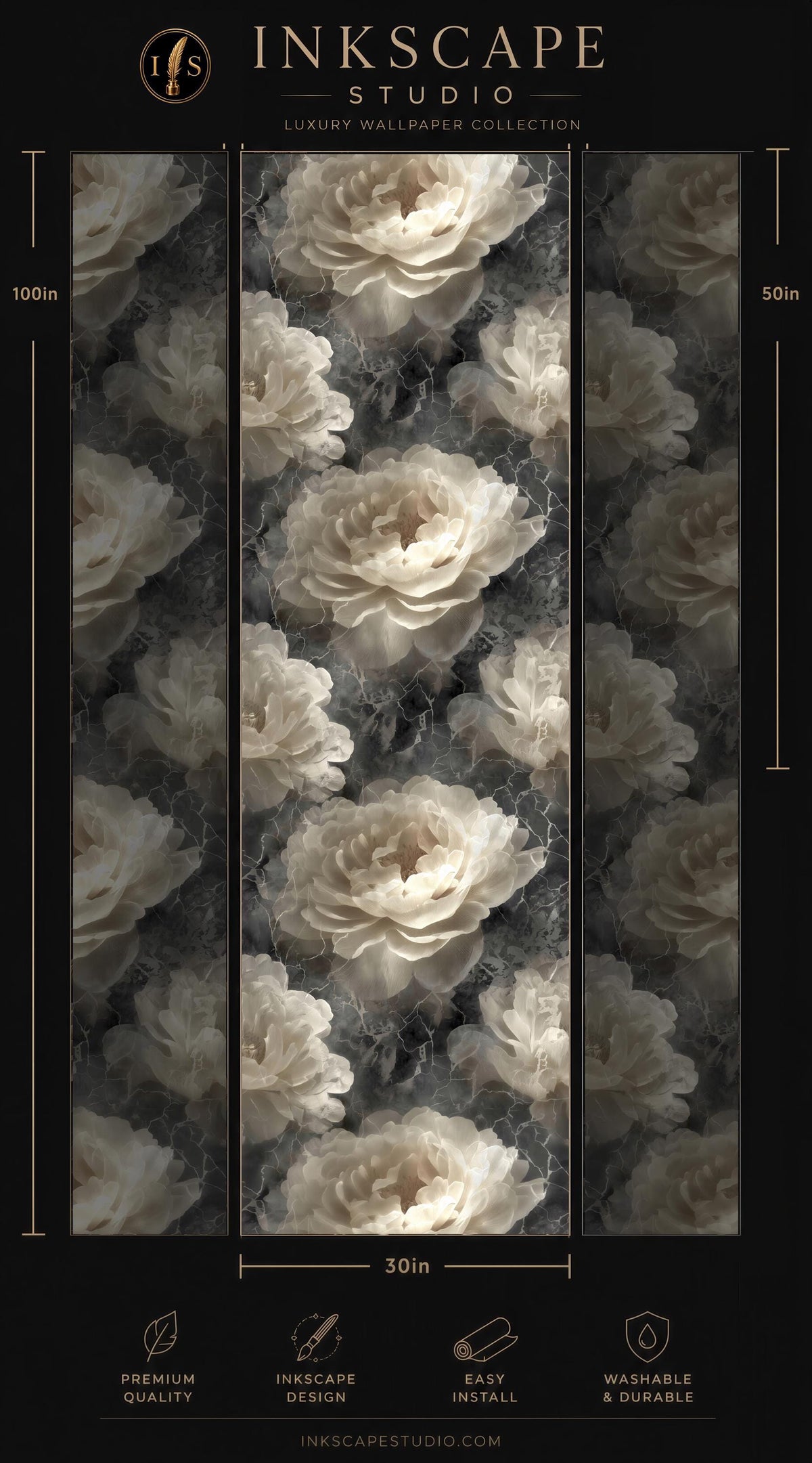 The image is a collage of three vertical panels, each featuring a close-up of white peonies against a dark background. The panels are arranged in a grid-like pattern, creating a visually striking and elegant design.