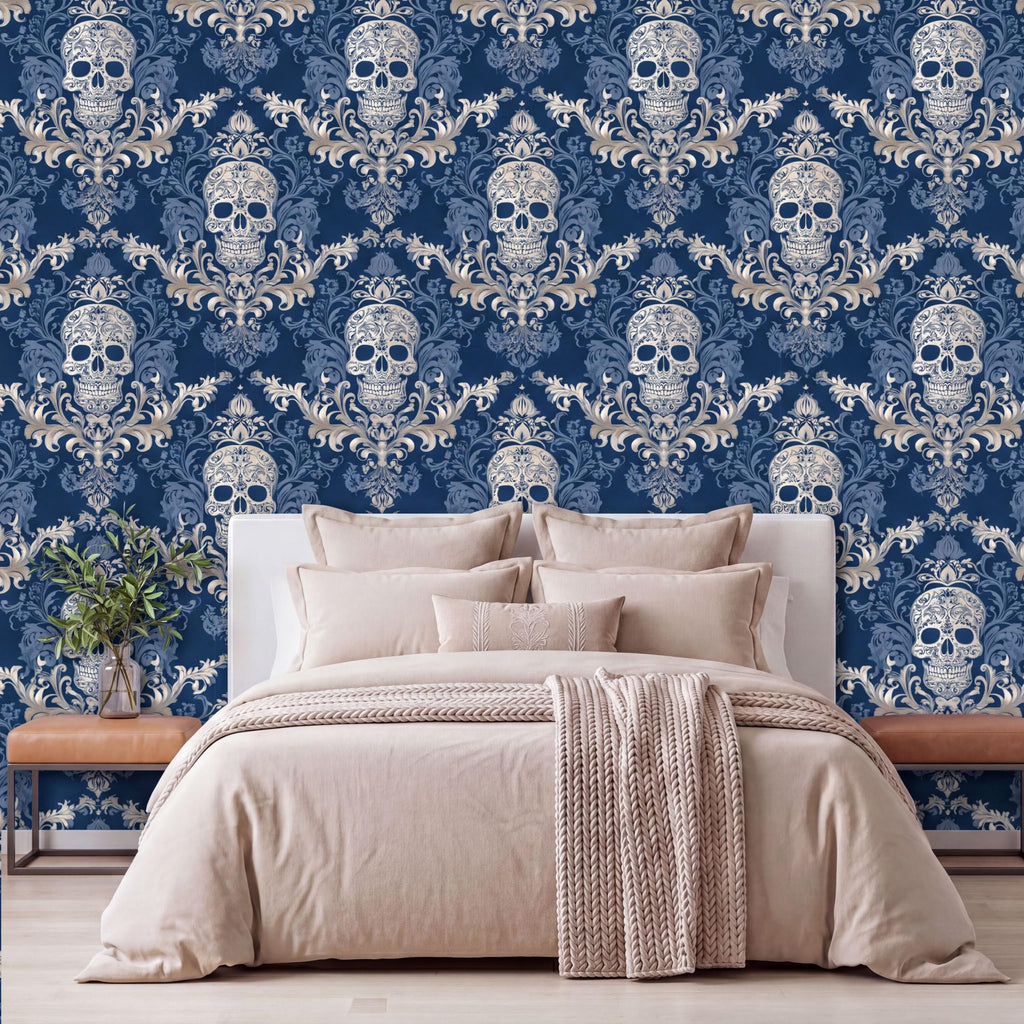 a bedroom with a large bed, a wooden nightstand, and a wallpapered wall with a repeating pattern of skulls and ornate designs.