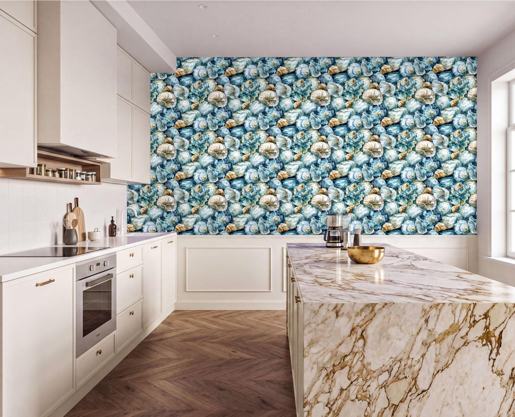a modern kitchen with a marble countertop and a large floral wallpaper on the wall.