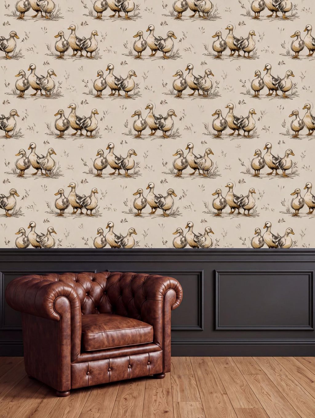 a brown leather armchair positioned in front of a wall with a repeating pattern of ducks.
