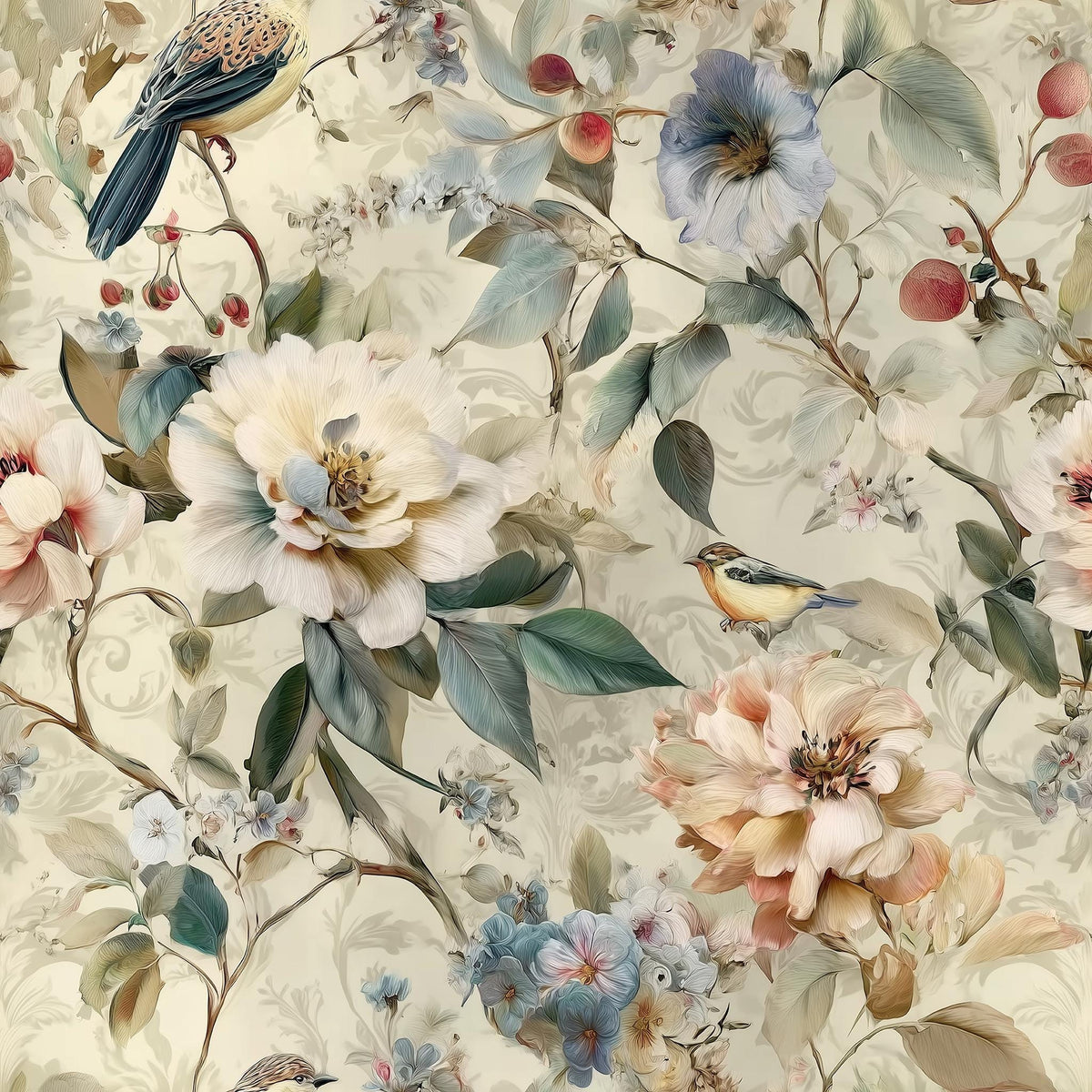 The image is a vibrant and detailed collage of various flowers, leaves, and birds. The flowers are in shades of pink, white, and blue, with some featuring delicate petals and others displaying intricate patterns. The leaves are a mix of green and brown, adding depth and texture to the composition. Several birds can be seen throughout the image, perched on branches and interacting with the floral and leafy elements. The overall scene is a lively and visually appealing display of nature's beauty.