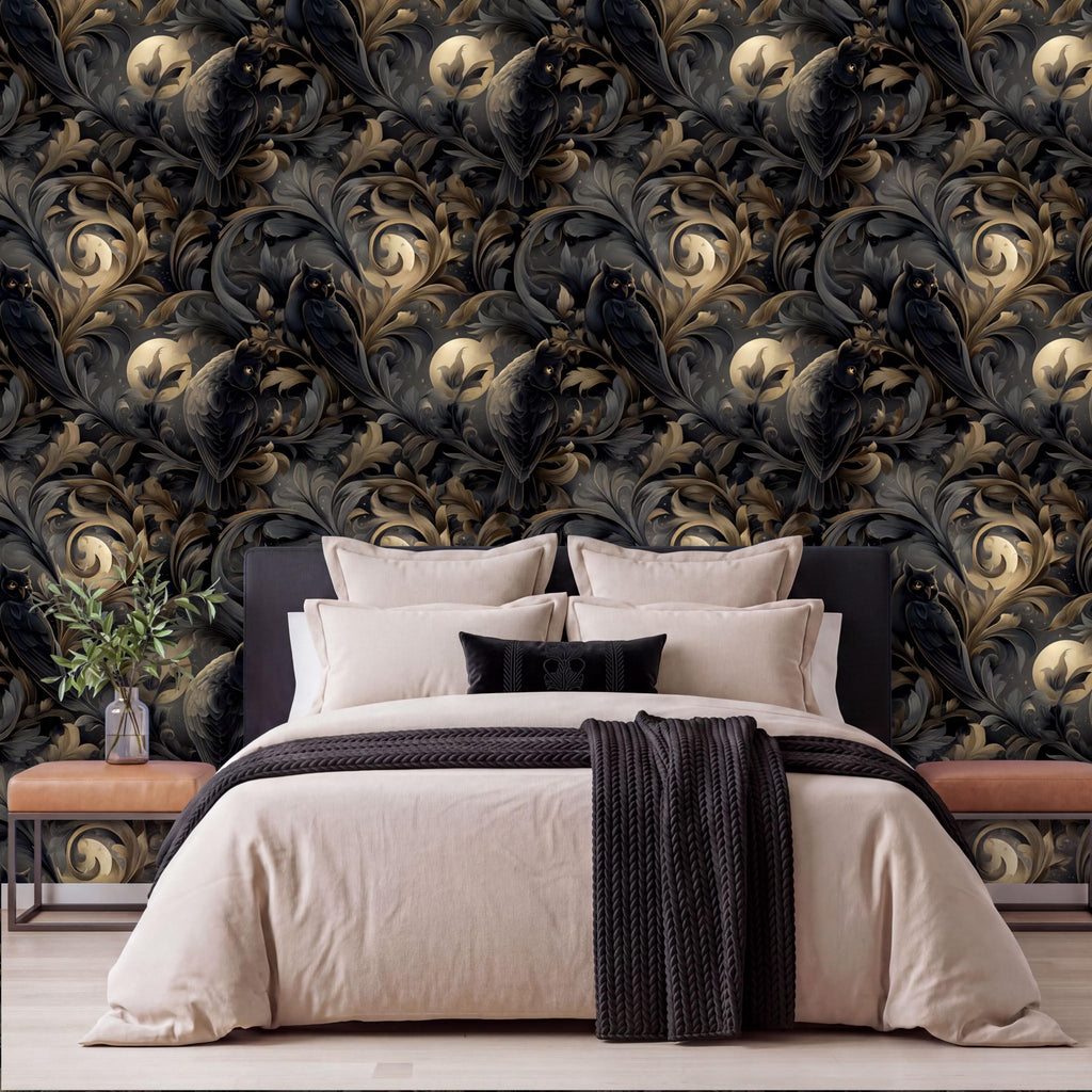 a bedroom with a large bed, dark and light brown bedding, and a black and white patterned wallpaper behind it.
