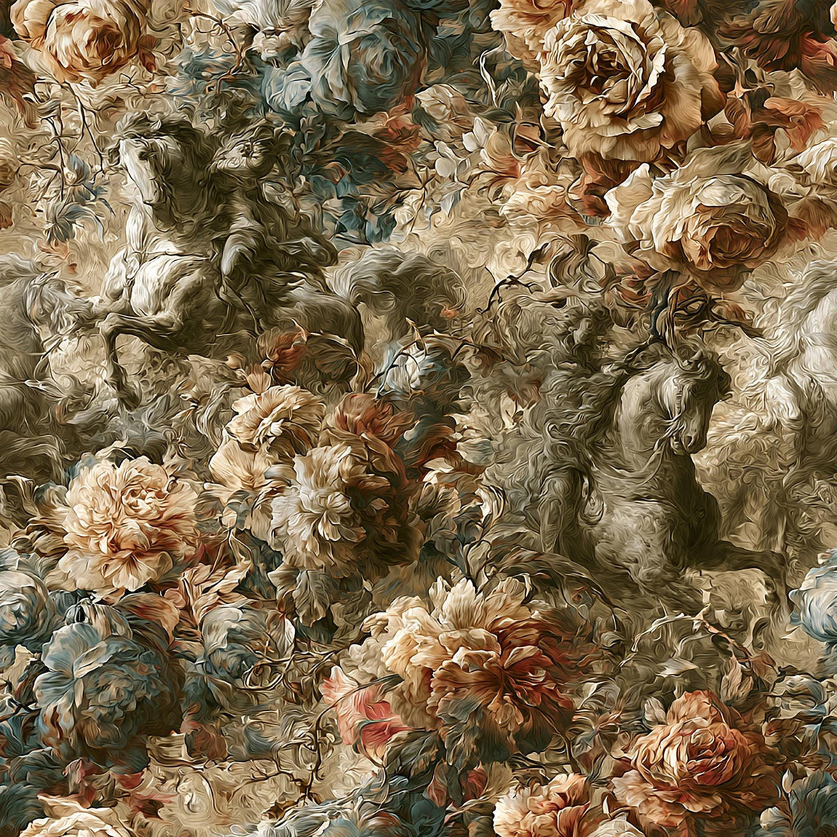 The image is a collage of various floral and ornamental elements, including roses, leaves, and other natural elements. The overall composition is rich and detailed, with a variety of colors and textures creating a visually striking and intricate pattern.