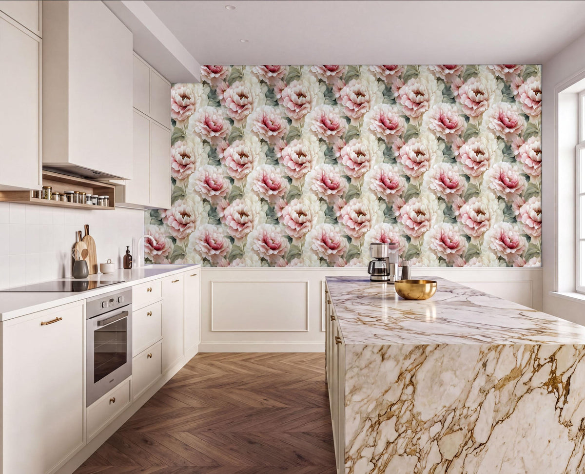 a modern kitchen with a large floral wallpaper on the wall behind the marble countertop. The kitchen features white cabinets, a marble countertop, and a stainless steel oven.