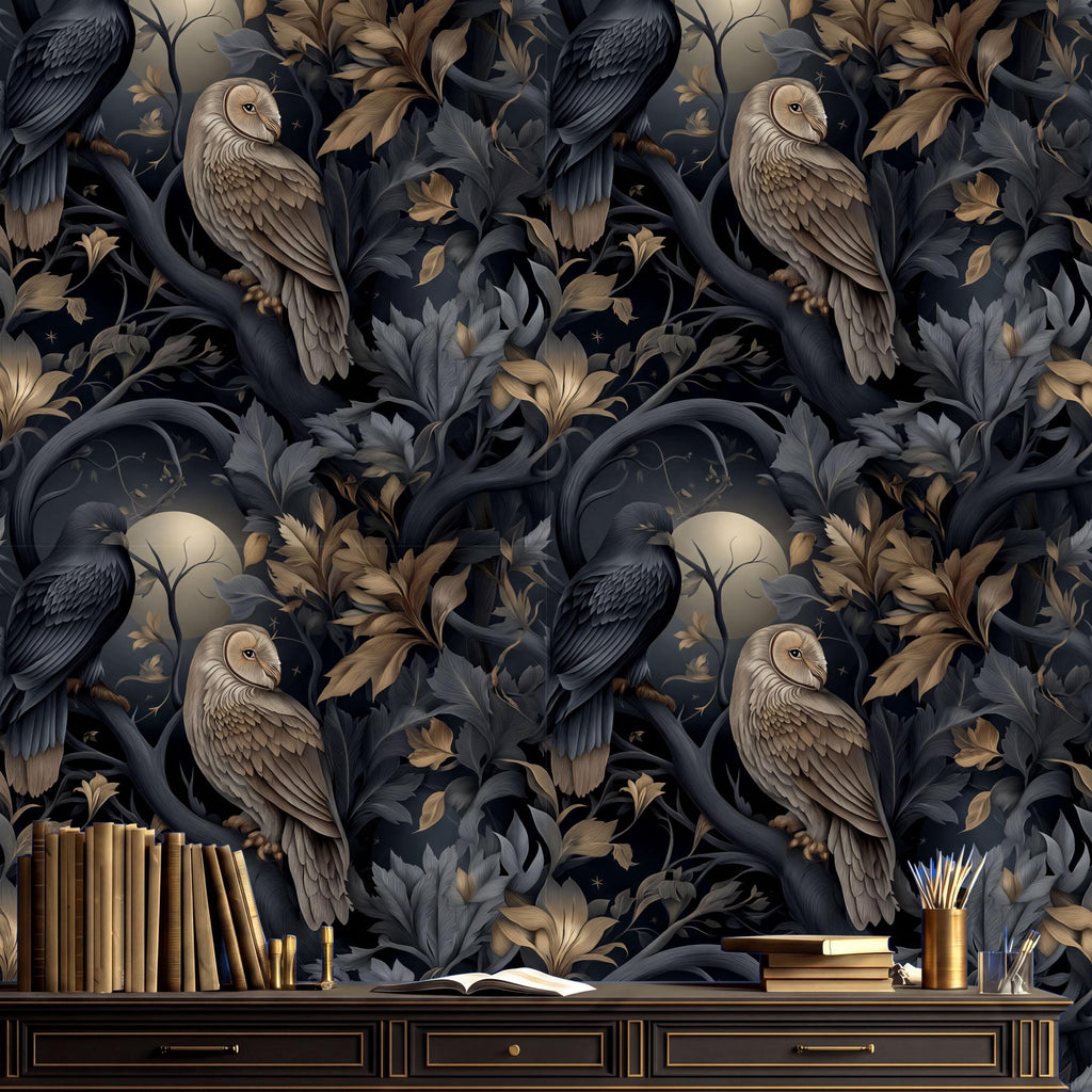 a dark, ornate wallpaper with a repeating pattern of owls perched on branches and leaves. The wallpaper has a rich, dark color scheme with gold accents, creating a striking and elegant visual effect. In the foreground, there is a wooden desk with a stack of books and a vase of flowers, adding a touch of warmth and contrast to the overall dark and luxurious atmosphere of the room.