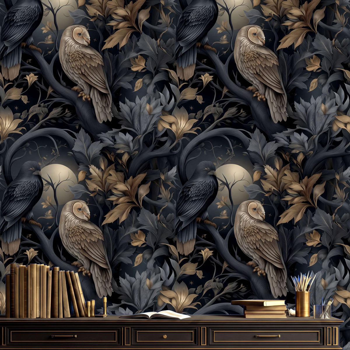 a dark, ornate wallpaper with a repeating pattern of owls perched on branches and leaves. The wallpaper has a rich, dark color scheme with gold accents, creating a striking and elegant visual effect. In the foreground, there is a wooden desk with a stack of books and a vase of flowers, adding a touch of warmth and contrast to the overall dark and luxurious atmosphere of the room.