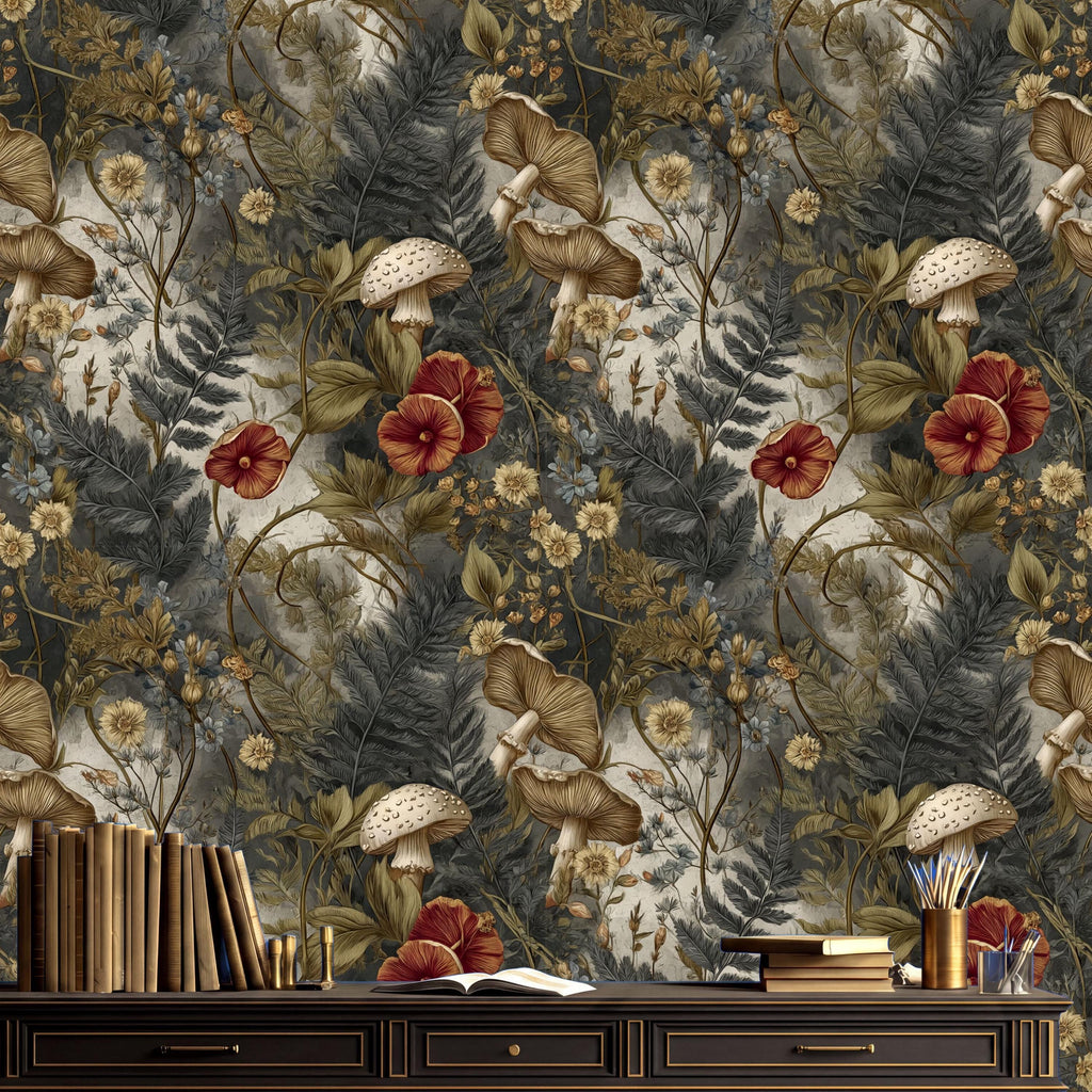 a wallpapered wall with a variety of mushrooms, flowers, and leaves in shades of green, brown, and red. On a wooden shelf below the wall, there are several books and a vase with flowers.