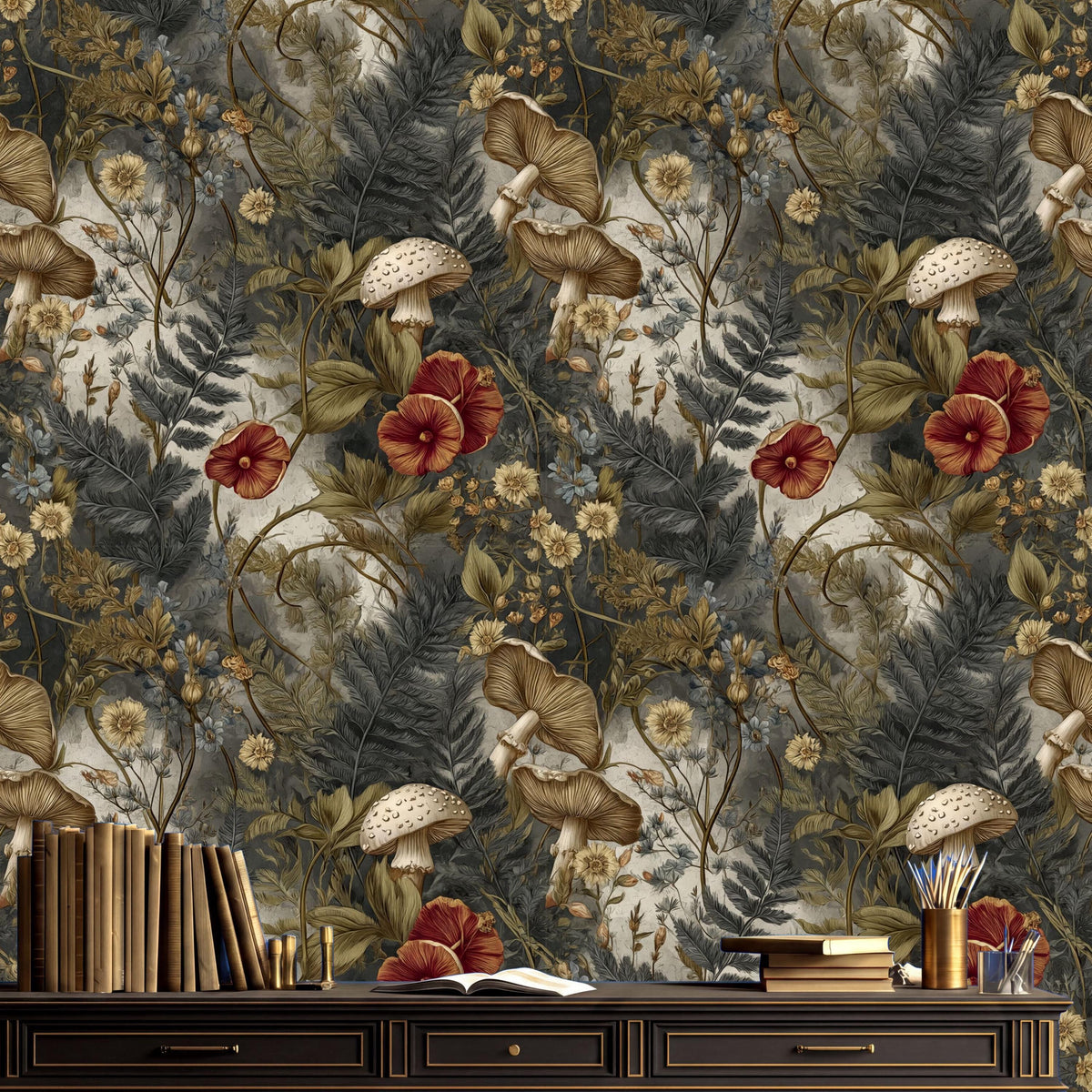 a wallpapered wall with a variety of mushrooms, flowers, and leaves in shades of green, brown, and red. On a wooden shelf below the wall, there are several books and a vase with flowers.