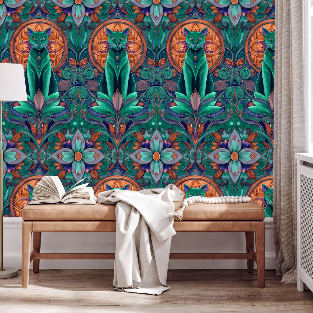 a vibrant and colorful wall mural with intricate floral and geometric patterns in shades of green, blue, orange, and purple. The mural is displayed on a wall in a room with a wooden bench and a white blanket casually draped over it.