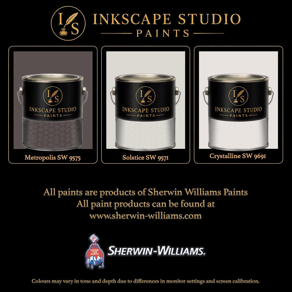 The image is an advertisement for Sherwin Williams paints, featuring three different paint color samples from the Inkscape Studio.