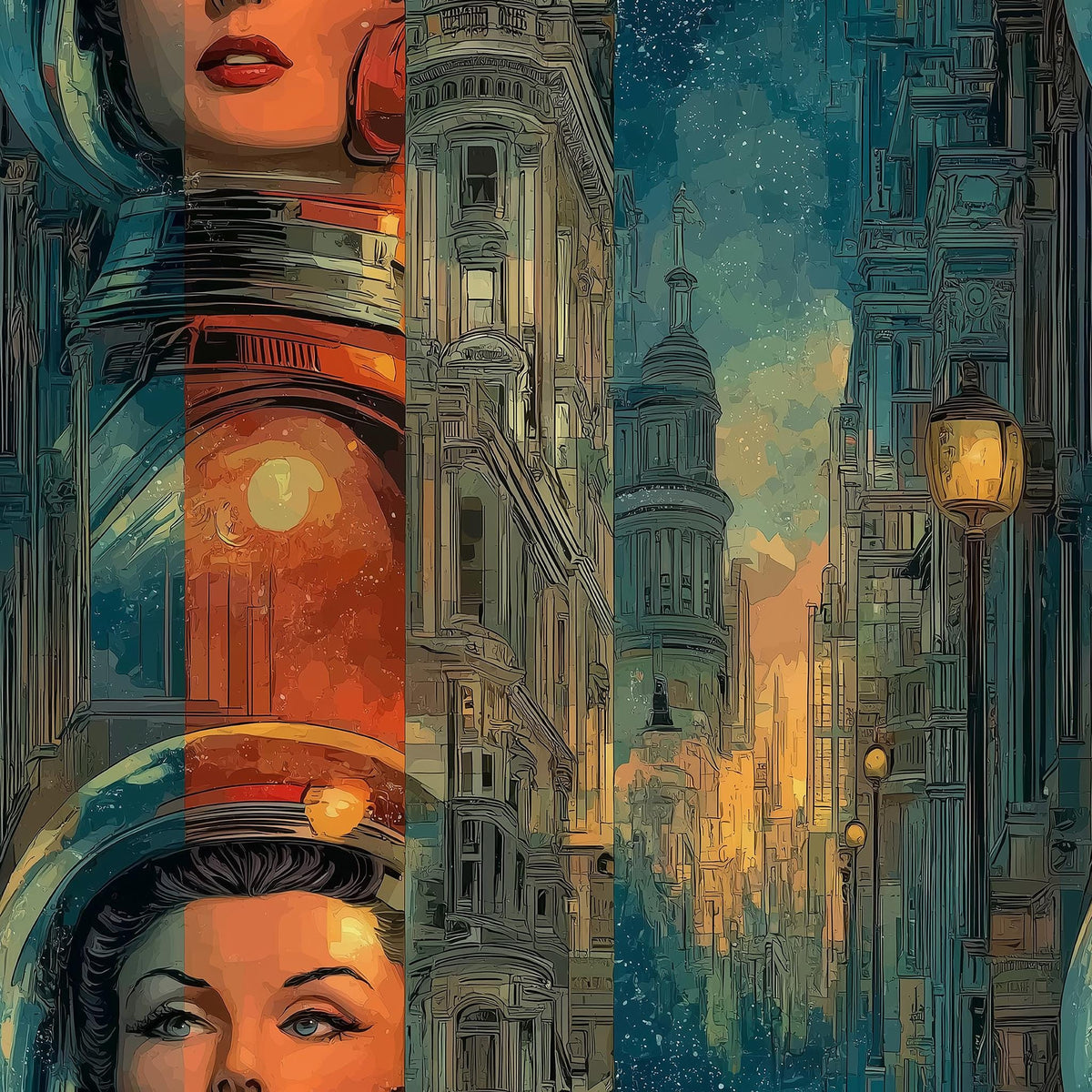 The image is a collage featuring a woman's face and a cityscape with a dome-shaped building, all rendered in a stylized and artistic manner.