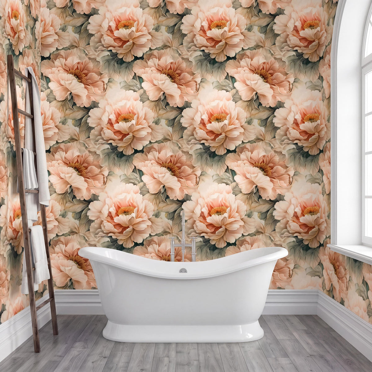 a bathroom with a white clawfoot bathtub in the center, surrounded by a floral wallpaper with peach and green tones. A wooden ladder is leaning against the wall next to the bathtub.