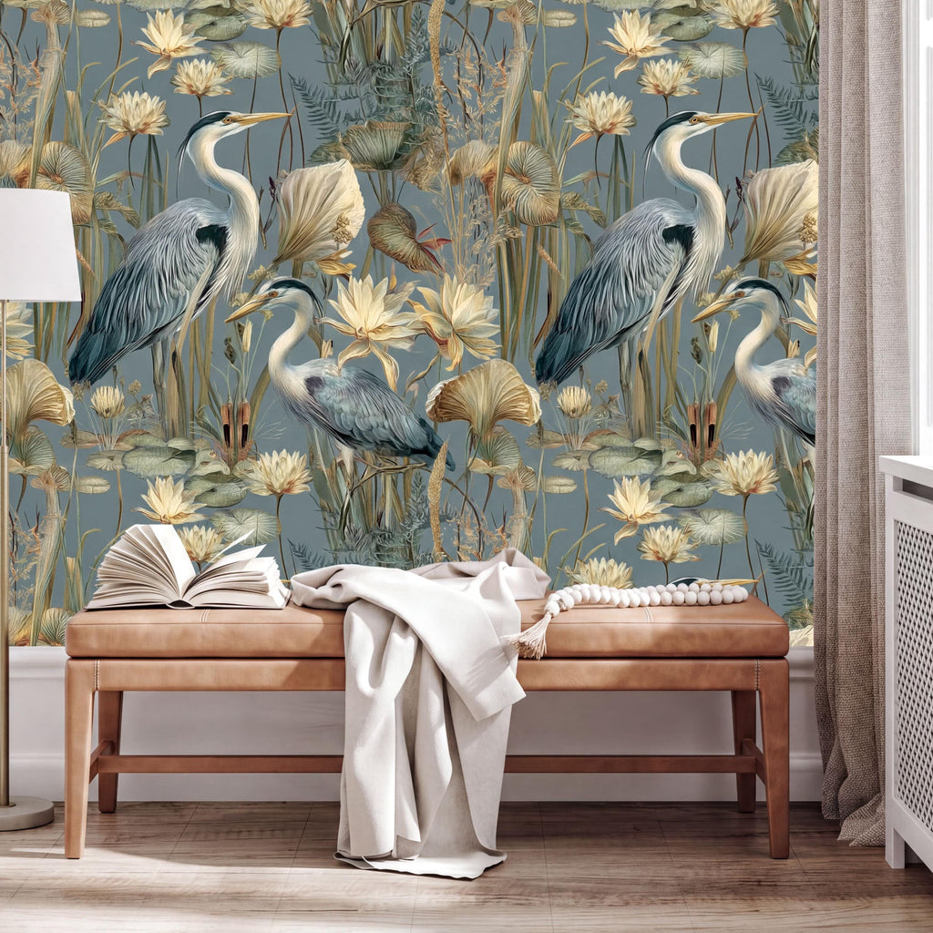 a large wall mural depicting a serene scene of blue herons surrounded by lush greenery and vibrant yellow flowers. The herons are perched on branches, while the flowers bloom in the background. In the foreground, there is a wooden bench with an open book and a white blanket draped over it.