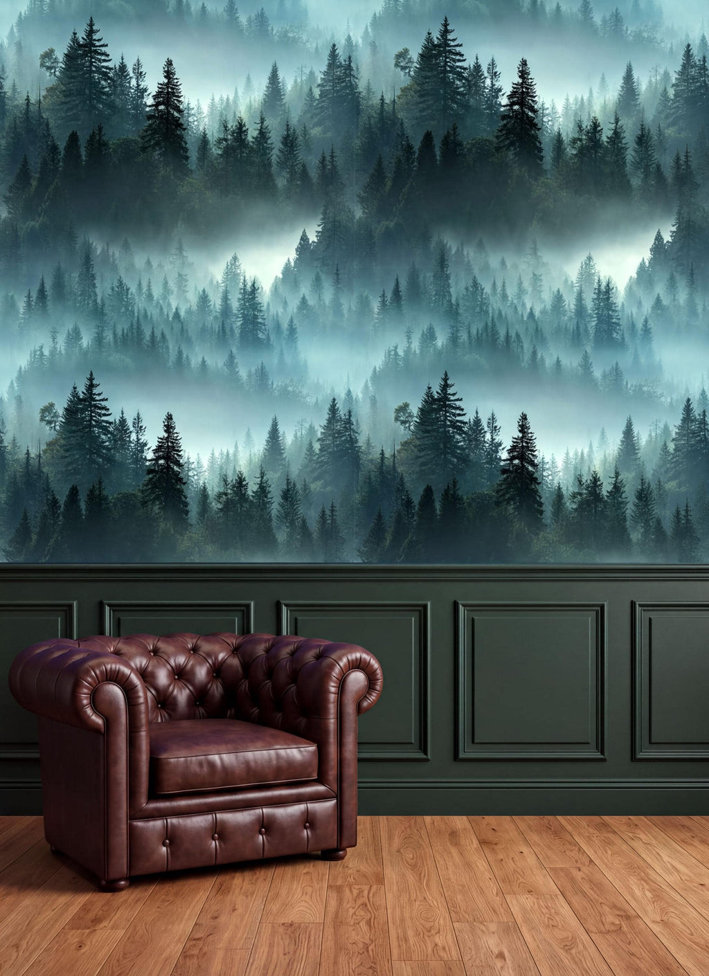 a dark brown leather armchair positioned in front of a wall with a forest-themed wallpaper.
