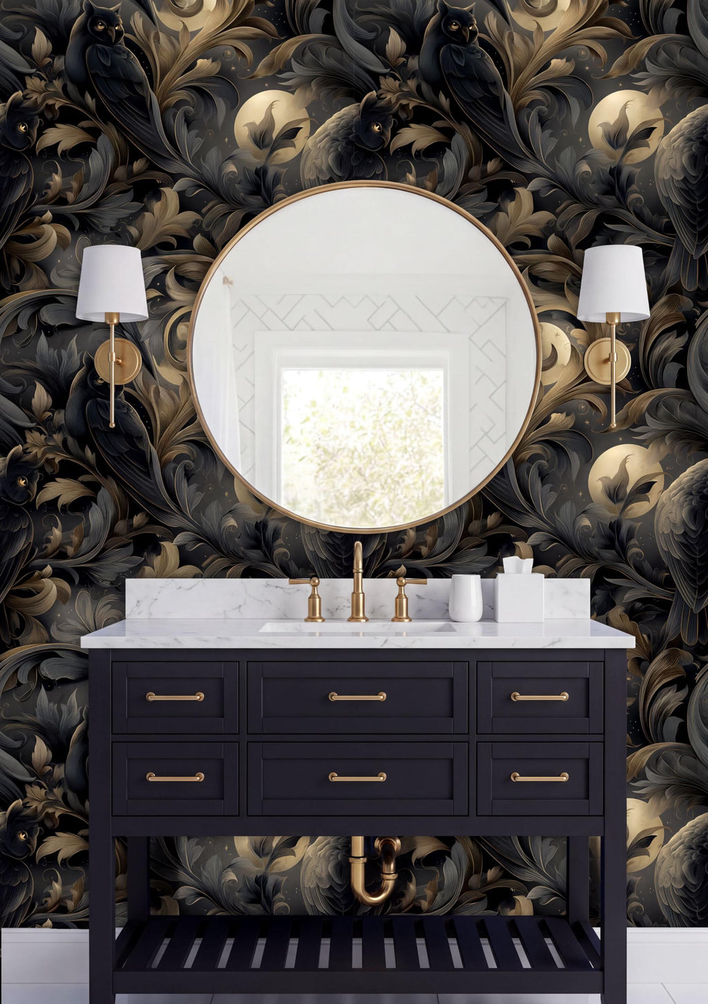 a luxurious bathroom with a black vanity and gold accents. The vanity has a round mirror above it, and two white lamps flank the mirror on either side. The walls are covered in a dark, ornate wallpaper with a floral pattern in gold and black. The overall design is elegant and sophisticated.