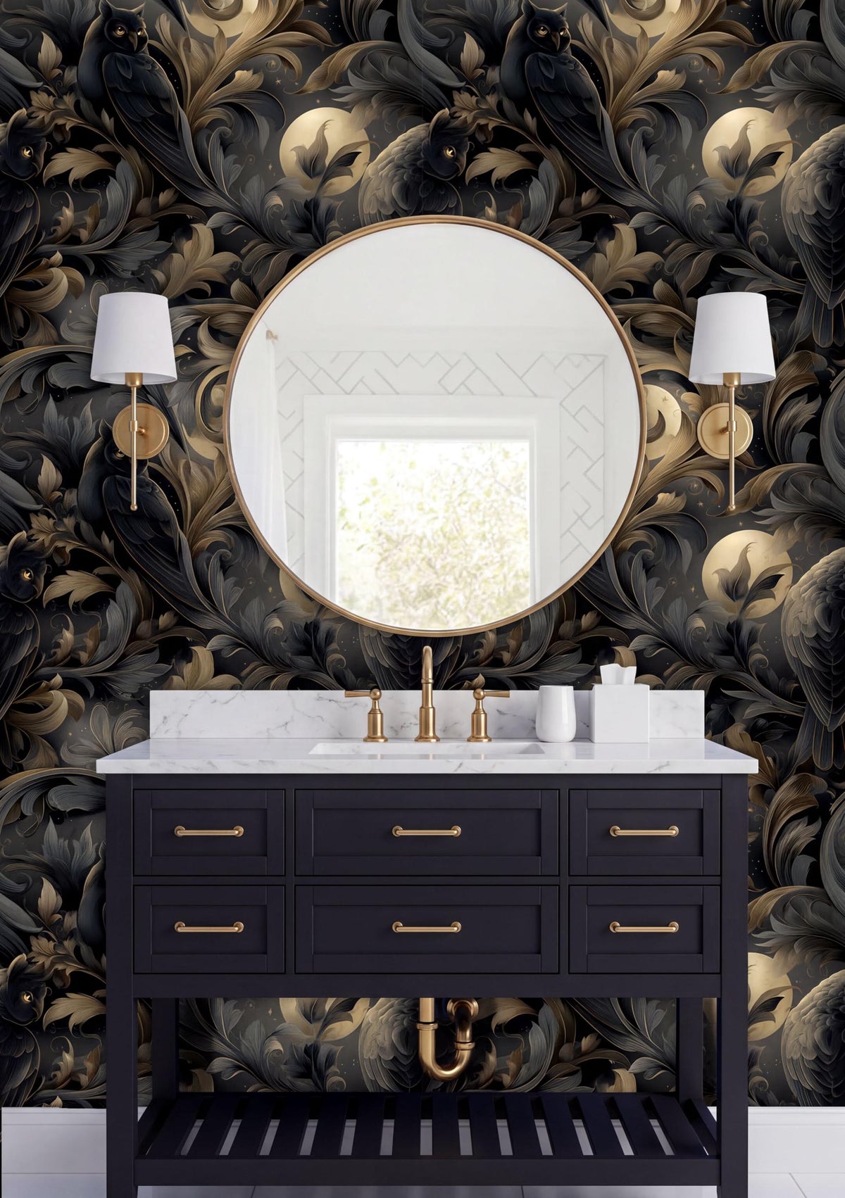 a luxurious bathroom with a black vanity and gold accents. The vanity has a round mirror above it, and two white lamps flank the mirror on either side. The walls are covered in a dark, ornate wallpaper with a floral pattern in gold and black. The overall design is elegant and sophisticated.