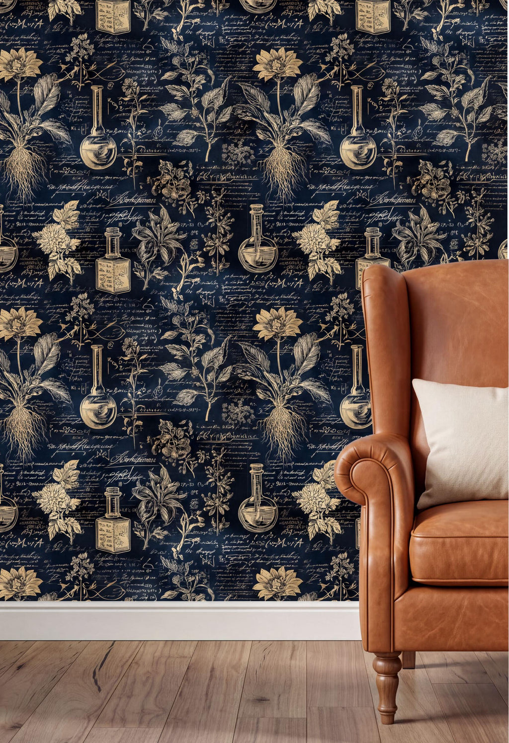 a dark blue wallpaper with a repeating pattern of botanical illustrations, including flowers, leaves, and vases, as well as some scientific equipment. The wallpaper is set against a wooden floor, and there is a brown leather armchair in the foreground.