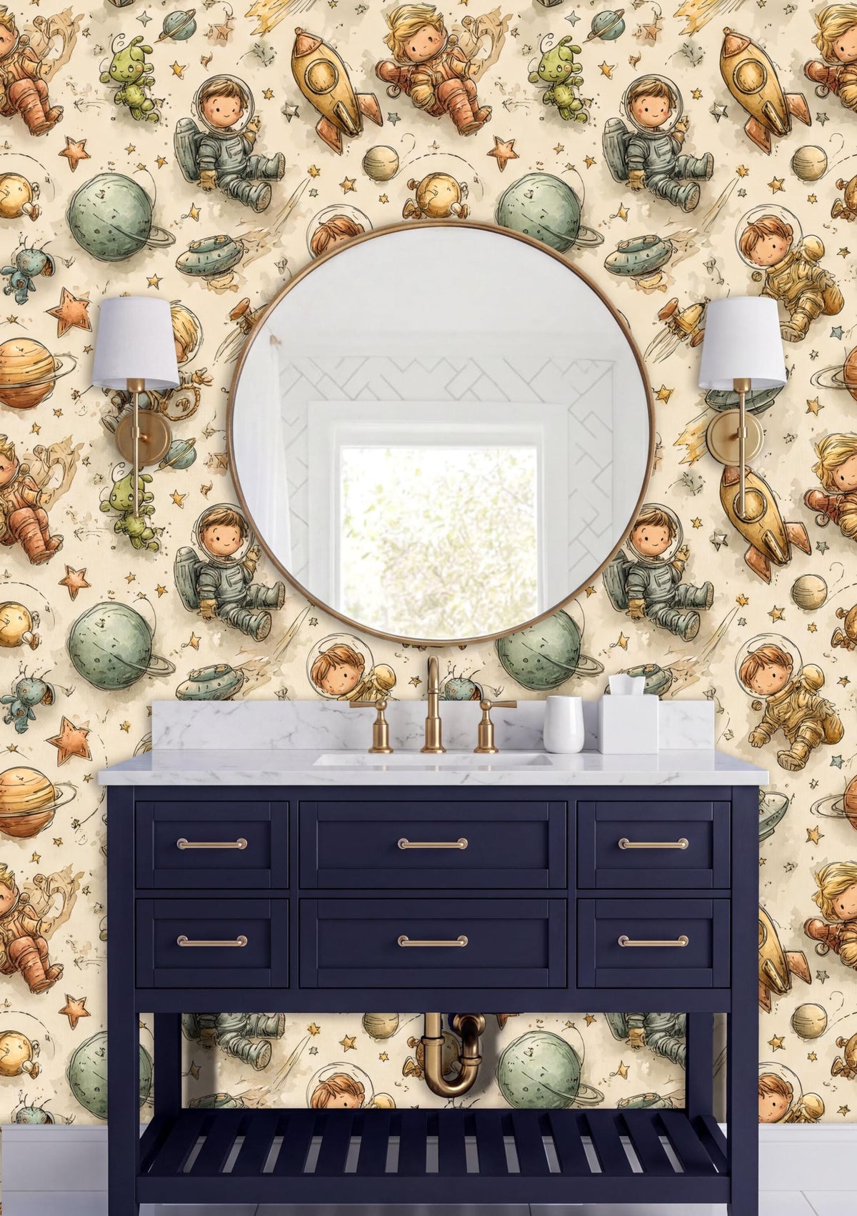 a bathroom with a round mirror, a blue vanity with gold handles, and a wallpapered wall with a space theme.