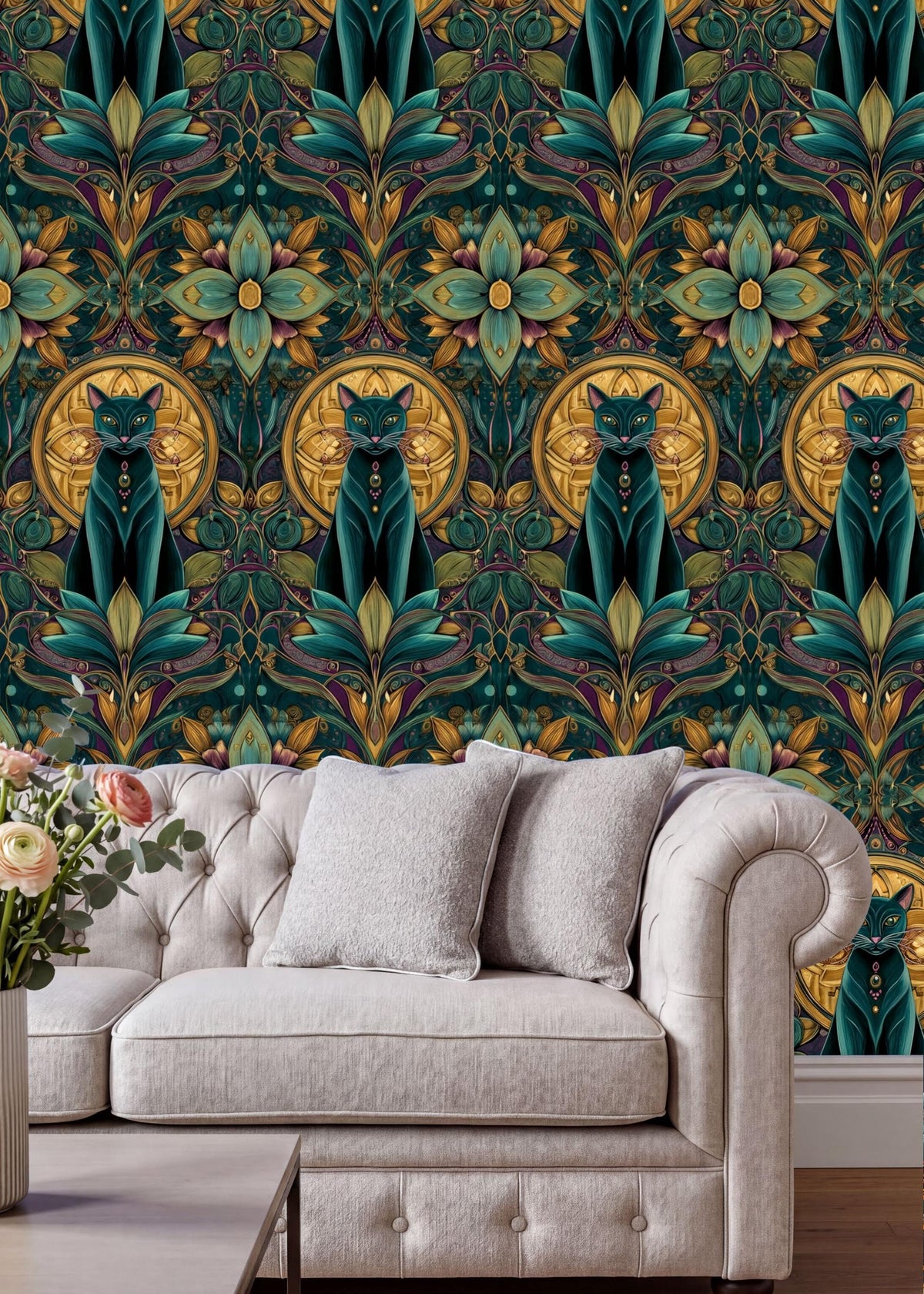 a white sofa with a floral patterned wallpaper behind it. The wallpaper has a repeating pattern of green cats and flowers in shades of green, gold, and pink. The sofa is positioned in front of the wall, creating a cozy and inviting atmosphere.