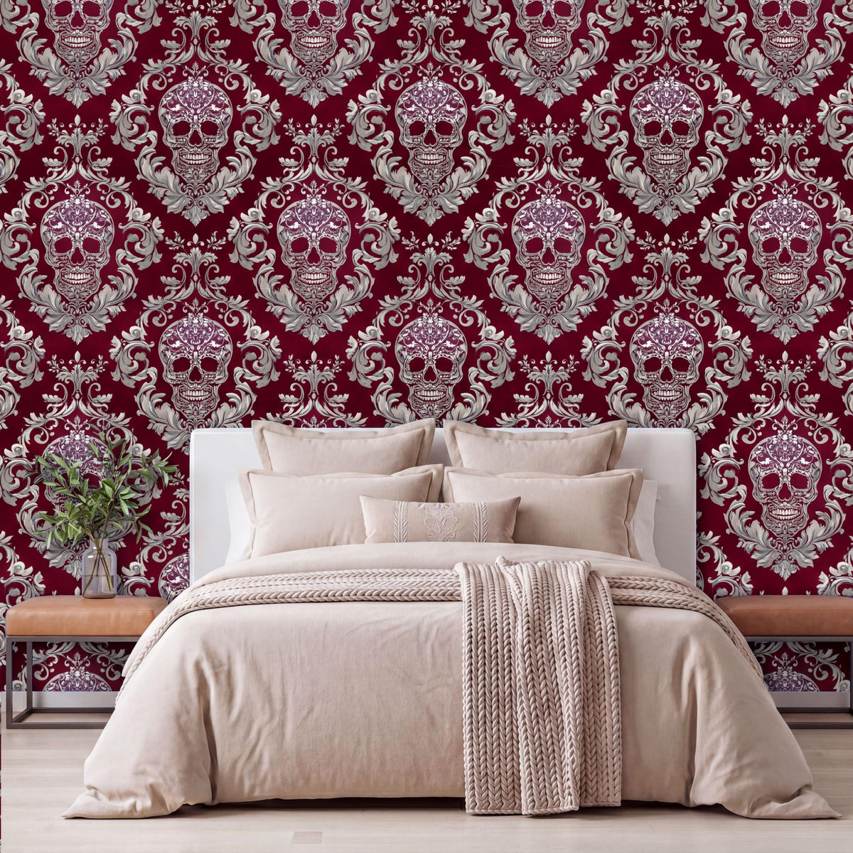 a bedroom with a large bed, a wooden nightstand, and a wallpapered wall with a repeating pattern of skull designs in red and white.