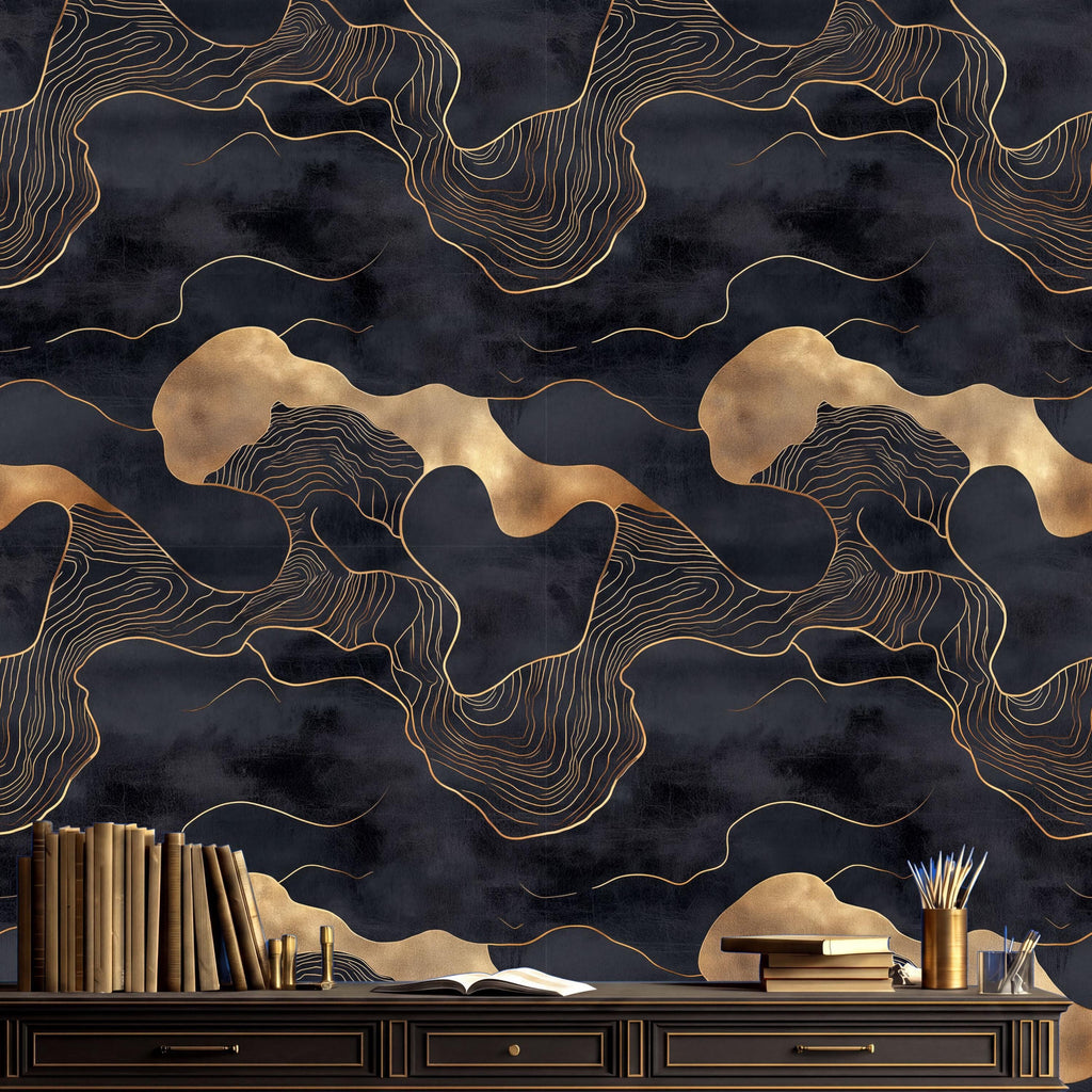 a dark, abstract wallpaper with a gold and black pattern, creating a striking contrast. In the foreground, there is a wooden desk with a bookshelf and various items, including a vase and a cup.