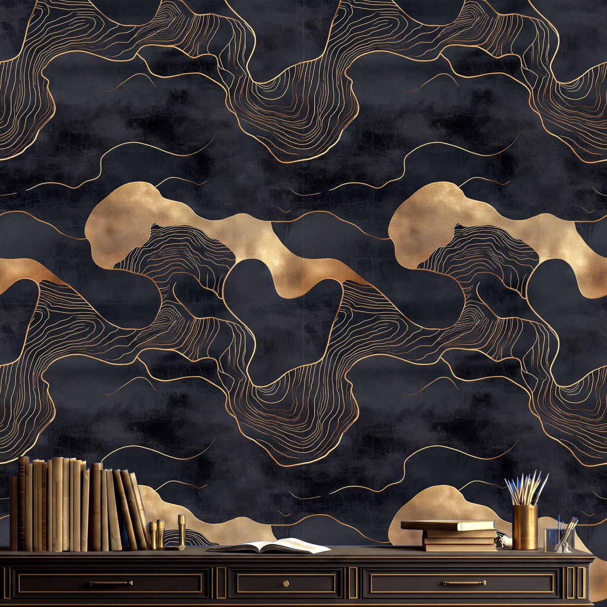 a dark, abstract wallpaper with a gold and black pattern, creating a striking contrast. In the foreground, there is a wooden desk with a bookshelf and various items, including a vase and a cup.