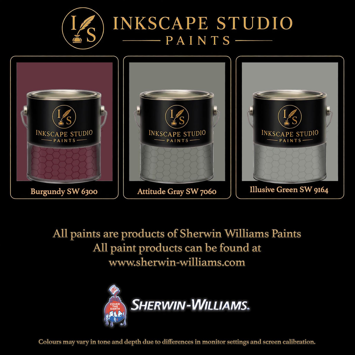 The image is an advertisement for Sherwin Williams paints, featuring three different paint colors: burgundy, gray, and green.