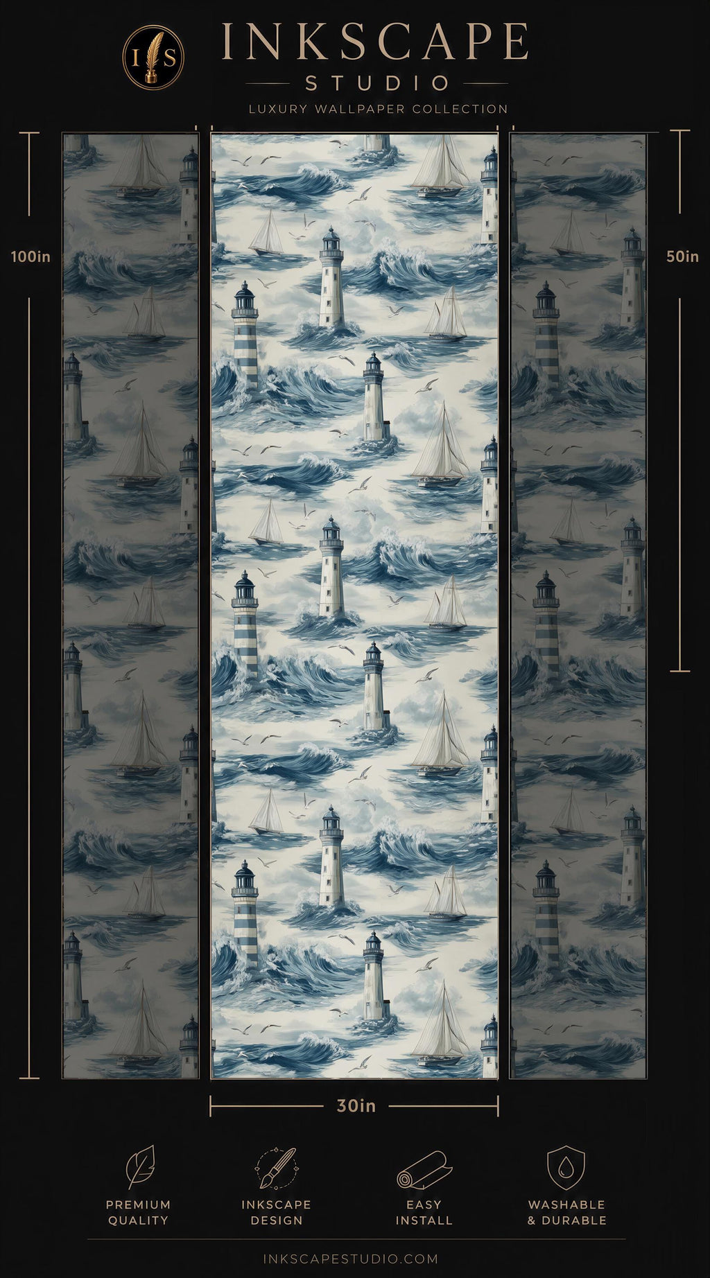The image is a collage of three images depicting lighthouse scenes, with a focus on the central lighthouse image. The text in the image provides information about the wallpaper, including its size, luxury status, and ease of installation.