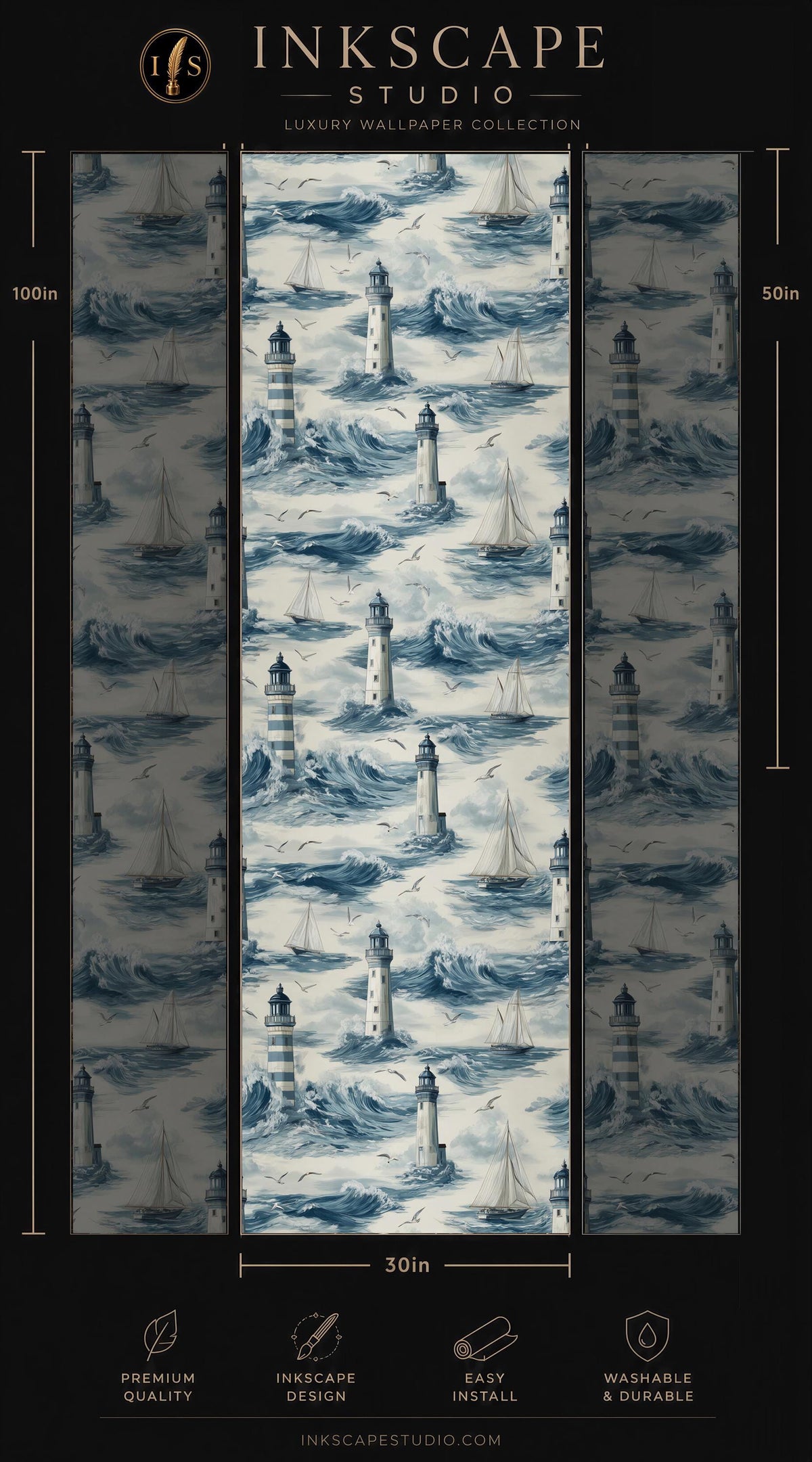 The image is a collage of three images depicting lighthouse scenes, with a focus on the central lighthouse image. The text in the image provides information about the wallpaper, including its size, luxury status, and ease of installation.